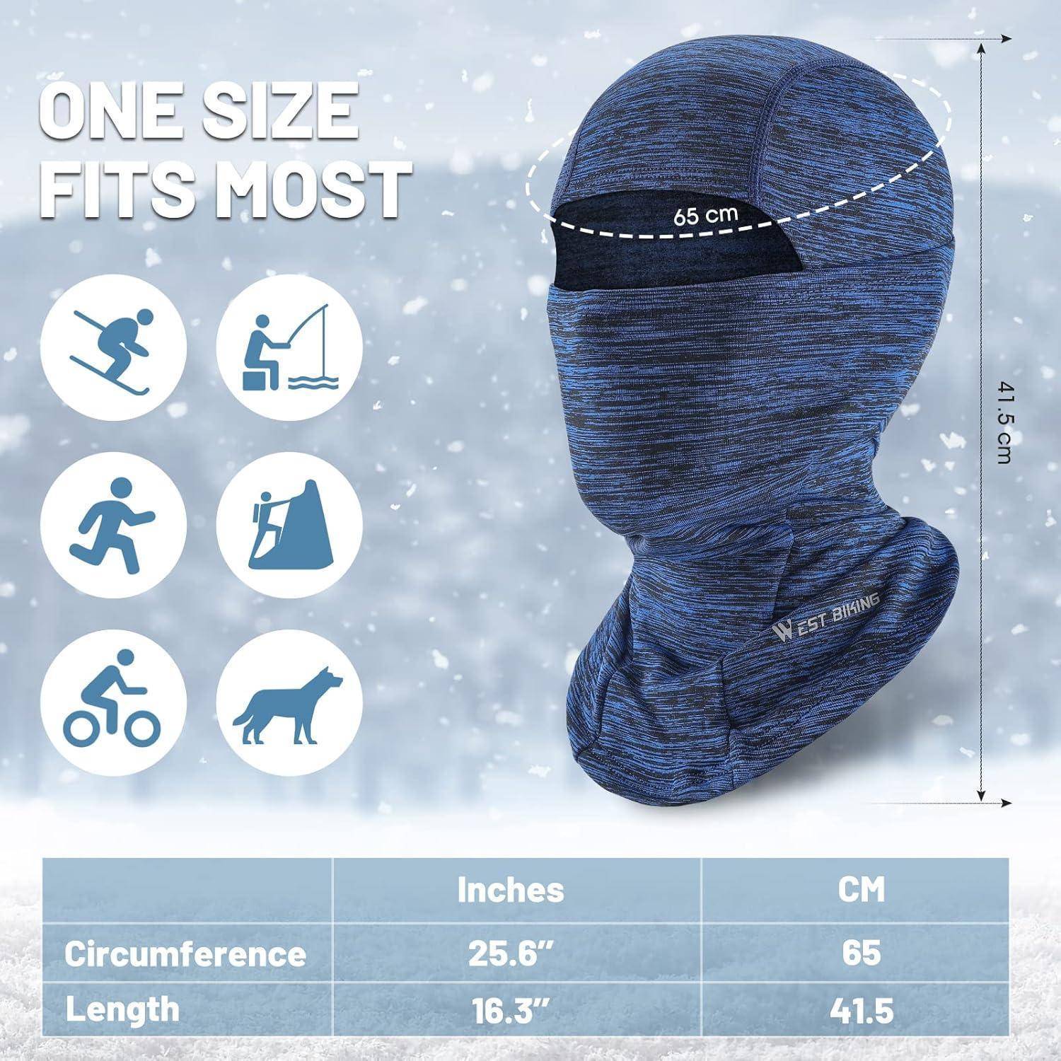 Produktbild einer blauen Gangesichts-Winter-Sturmhaube mit der Bezeichnung „ONE SIZE FITS MOST" (eine Größe passt für die meisten), mit Abmessungen von 65 cm Umfang und 41,5 cm Länge, mit Aktivitätssymbolen und Größentabelle.
