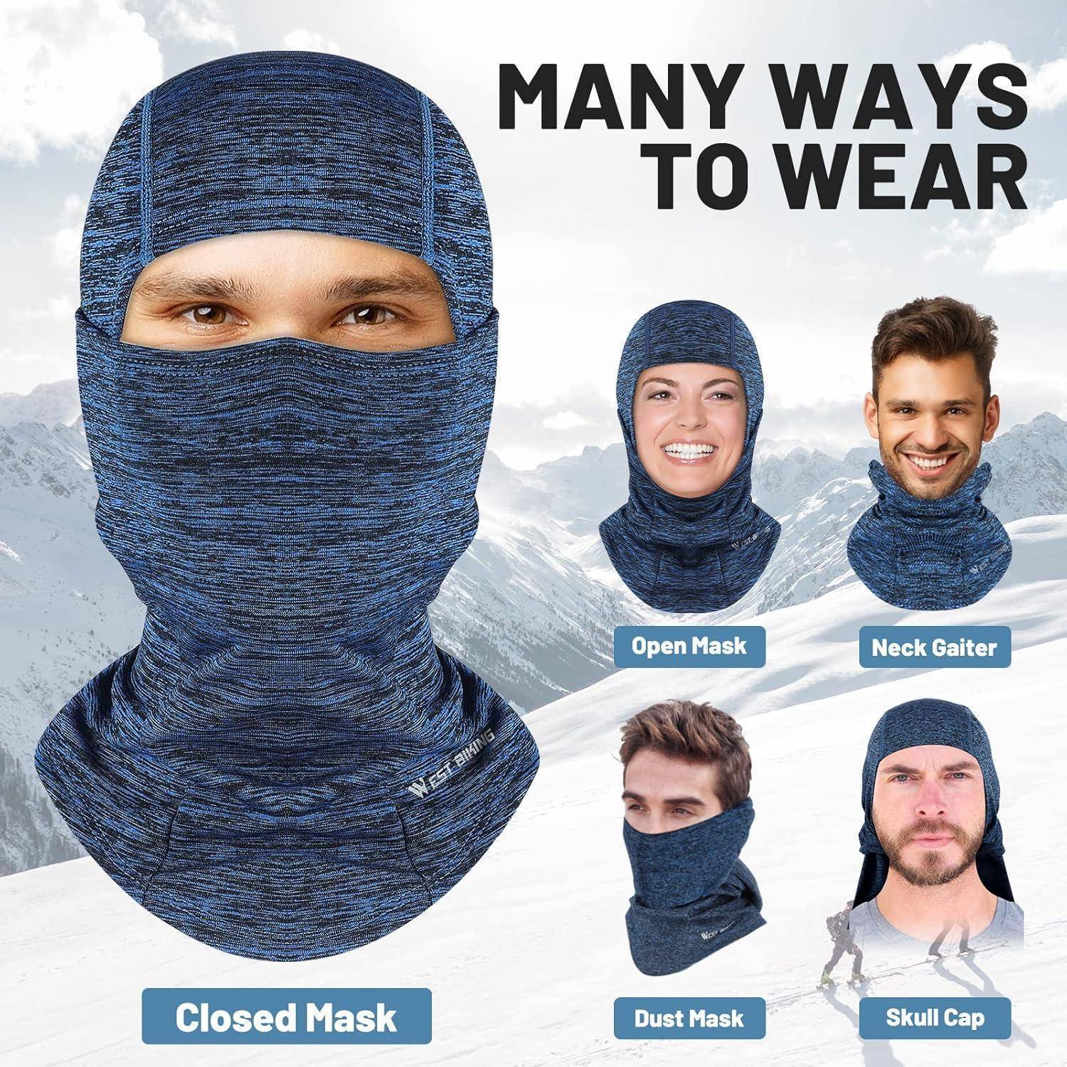 Werbegrafik mit einem blauen Halstuch, das auf vier verschiedene Arten getragen wird: geschlossene Maske, offene Maske, Halstuch, Staubmaske und Wollmütze, mit dem Titel "VIELE MÖGLICHKEITEN ZUM TRAGEN"".