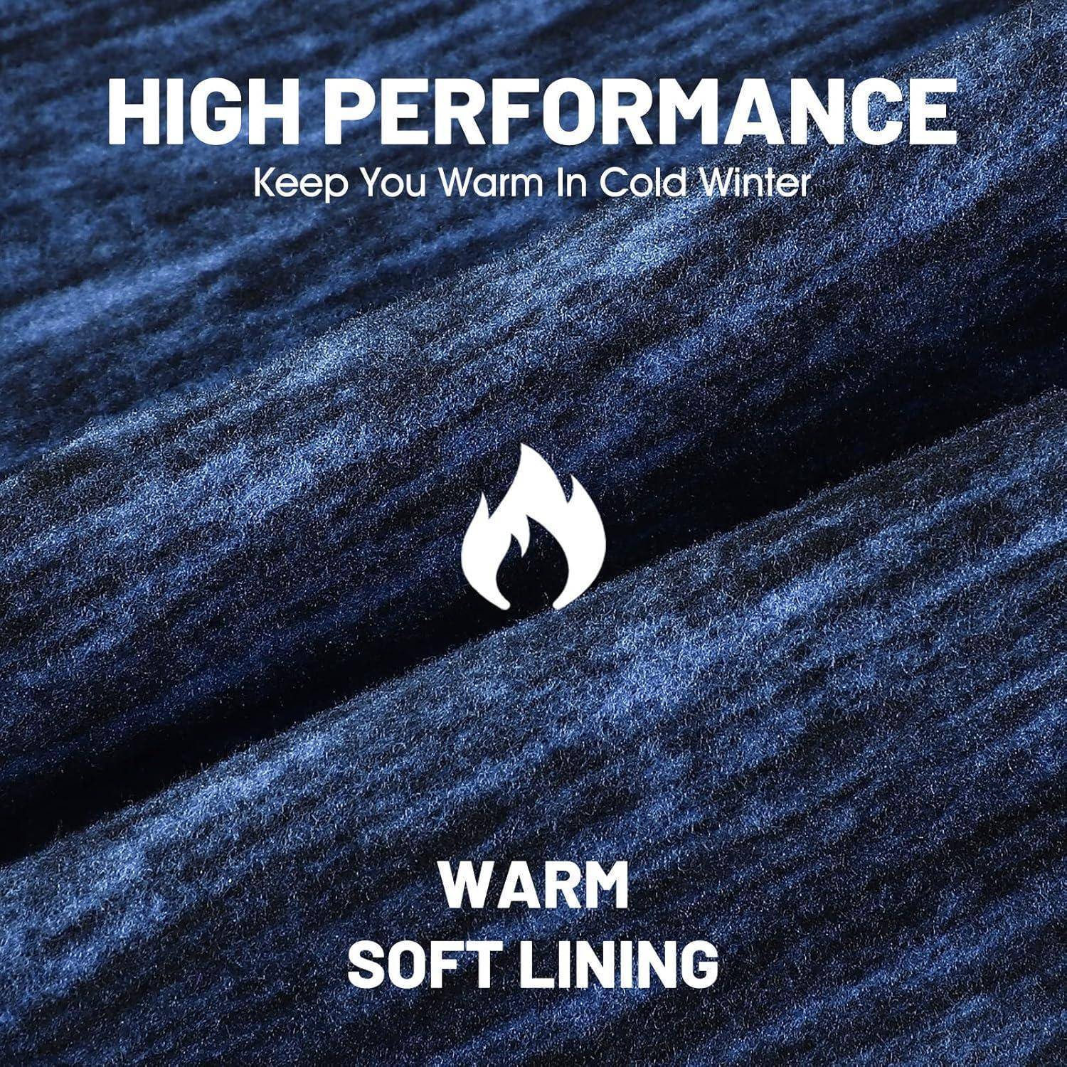 Strukturierter dunkler Stoff mit Flammen-Symbol und Text „HIGH PERFORMANCE", „Keep You Warm In Cold Winter"" und „WARM SOFT LINING"", das eine warme innere Fütterung bewirbt.