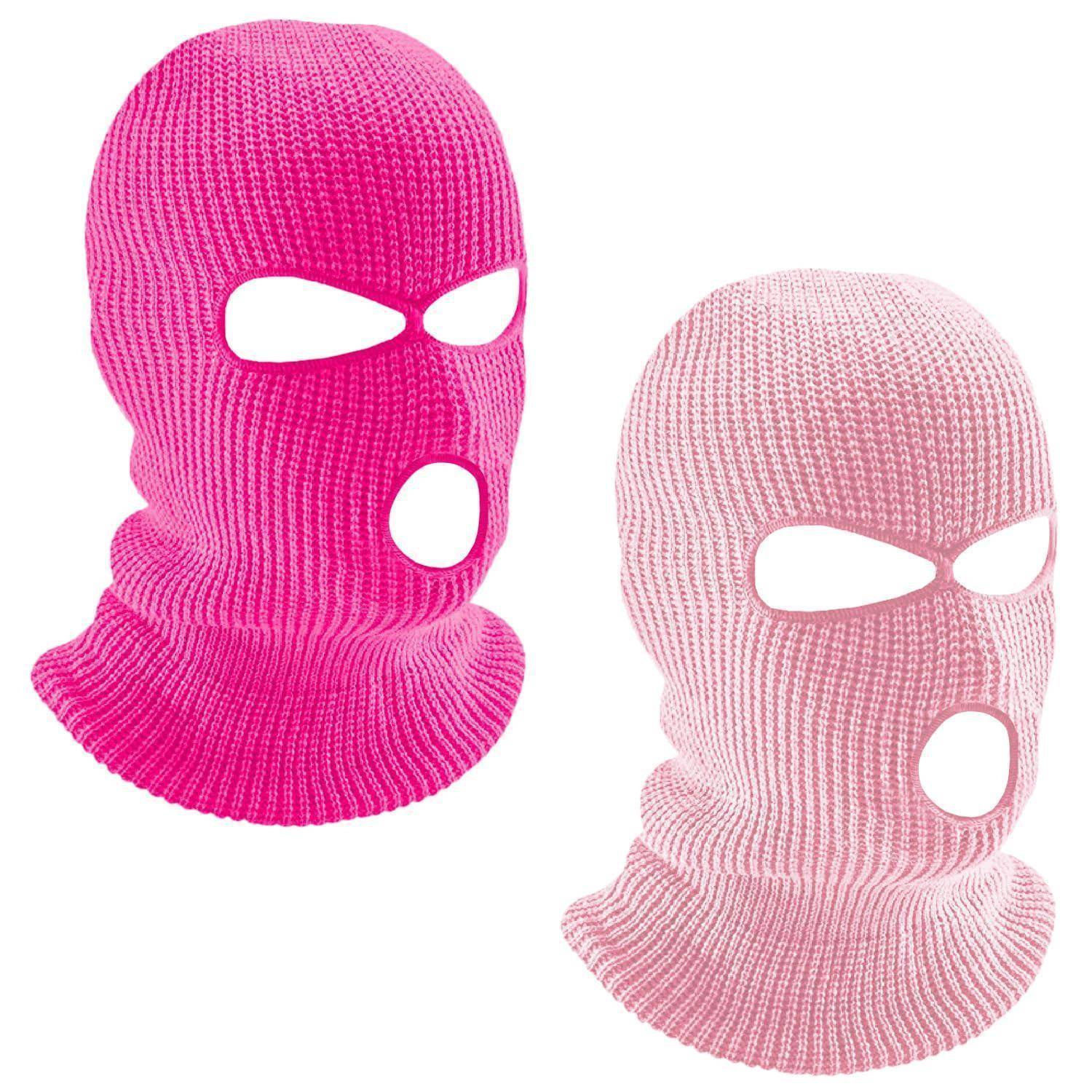 Zwei gestrickte Sturmhauben-Skihauben, eine in leuchtendem Rosa und eine in hellem Rosa, von vorne gezeigt auf weißem Hintergrund.