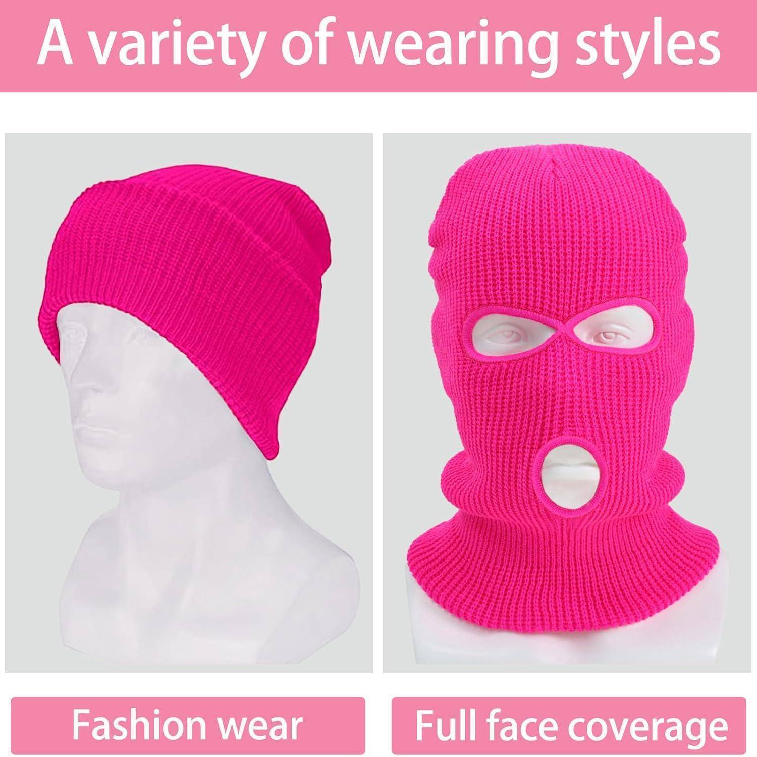 Bild zeigt eine rosa gestrickte Sturmhaube in zwei Stilen: modische Wollmütze und Maske mit vollständiger Gesichtsbedeckung.