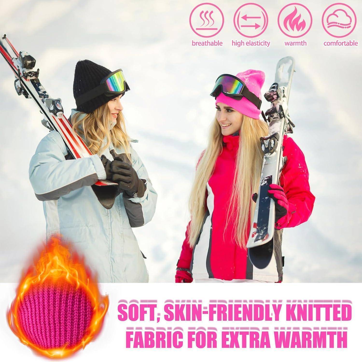 Zwei Frauen in Winterskibekleidung, die Skier halten, bewerben ein gestricktes Stoffprodukt mit Symbolen für atmungsaktiv, hohe Elastizität, Wärmespeicherung und Komfort sowie dem Text „Weiches, hautfreundliches Strickgewebe für zusätzliche Wärmespeicherung".