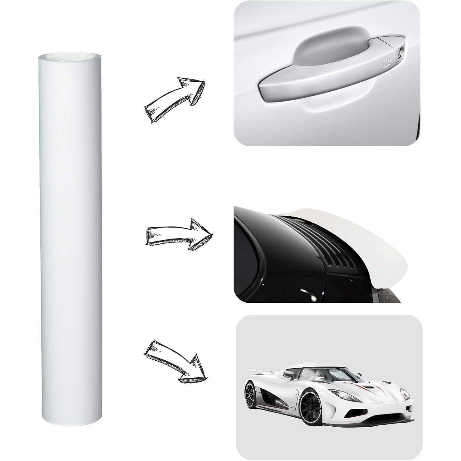 Ein weißes zylindrisches Material mit Pfeilen, die auf Verwendungsbeispiele an einem Autotürgriff, einem Heckspoiler und Karosseriepanelen eines Sportwagens zeigen.