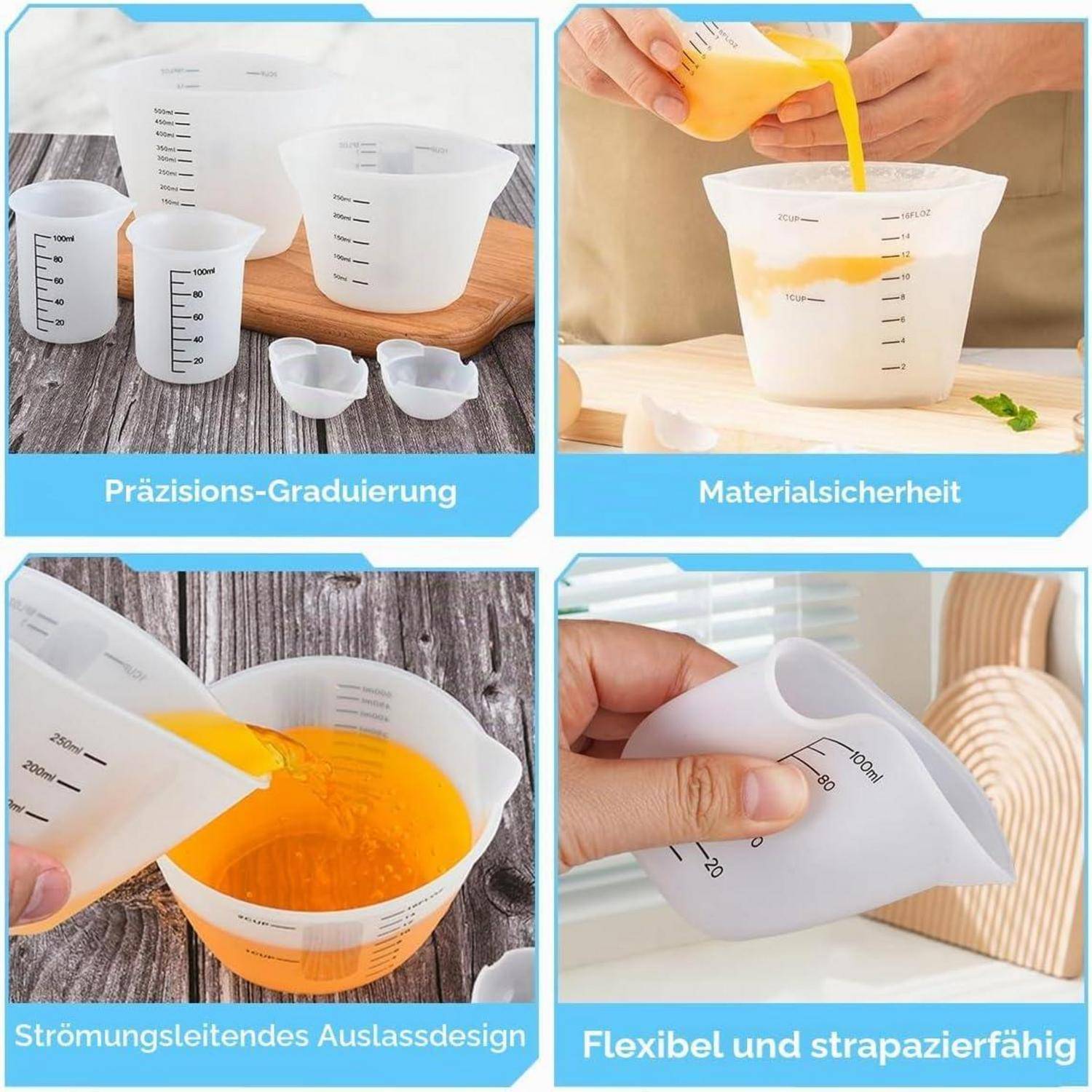 Vier-teiliges Produktbild von flexiblen Silikon-Messbechern und Kannen mit deutschen Beschriftungen, die präzise Graduierung, lebensmittelgeeignetes Material, Ausgießer und Langlebigkeit hervorheben.