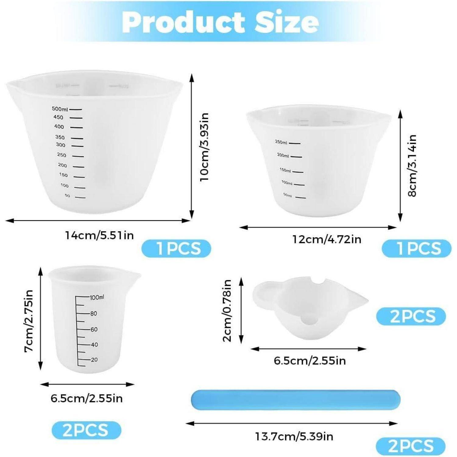 Produktgrößentabelle mit vier weißen Kunststoffbehältern und einer Messgießkanne mit Abmessungen: 14 cm, 12 cm, 6,5 cm, 10 cm, 8 cm und 7 cm, plus Mengenangaben mit der Bezeichnung 1 STÜCK oder 2 STÜCK.