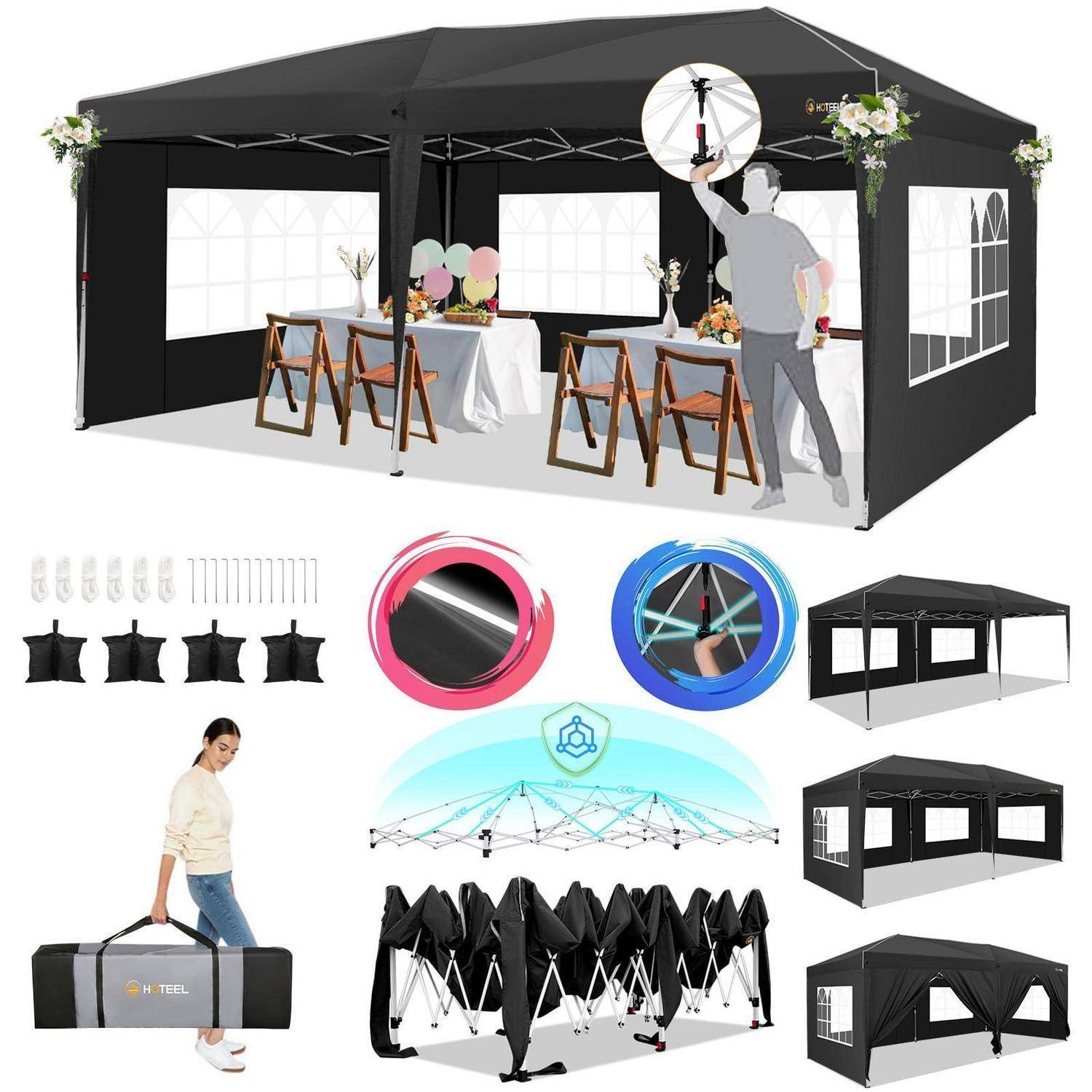 Zusammenklappbares schwarzes Outdoor-Pavillon-Zelt, montiert mit Seitenfenstern und Blumendekorationen, sowie Zubehörpaneele, Aufbewahrungstasche und zusammenklappbare Rahmenbauteile.