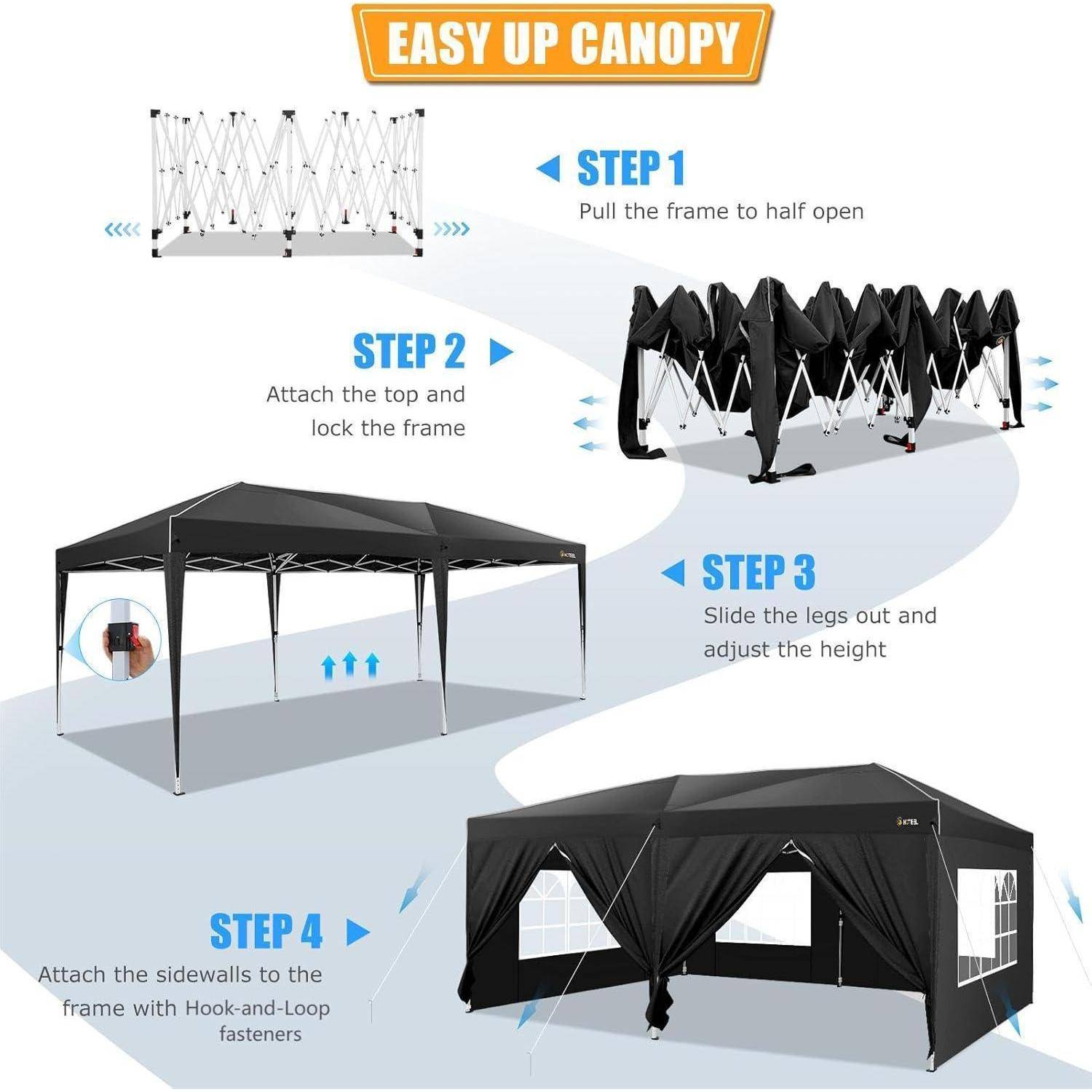 Easy Up Canopy Aufbaudiagramm mit vier Schritten: Gestell halbwegs öffnen, Dach anbringen und Gestell verriegeln, Beine ausfahren und Höhe einstellen, dann Seitenwände anbringen.