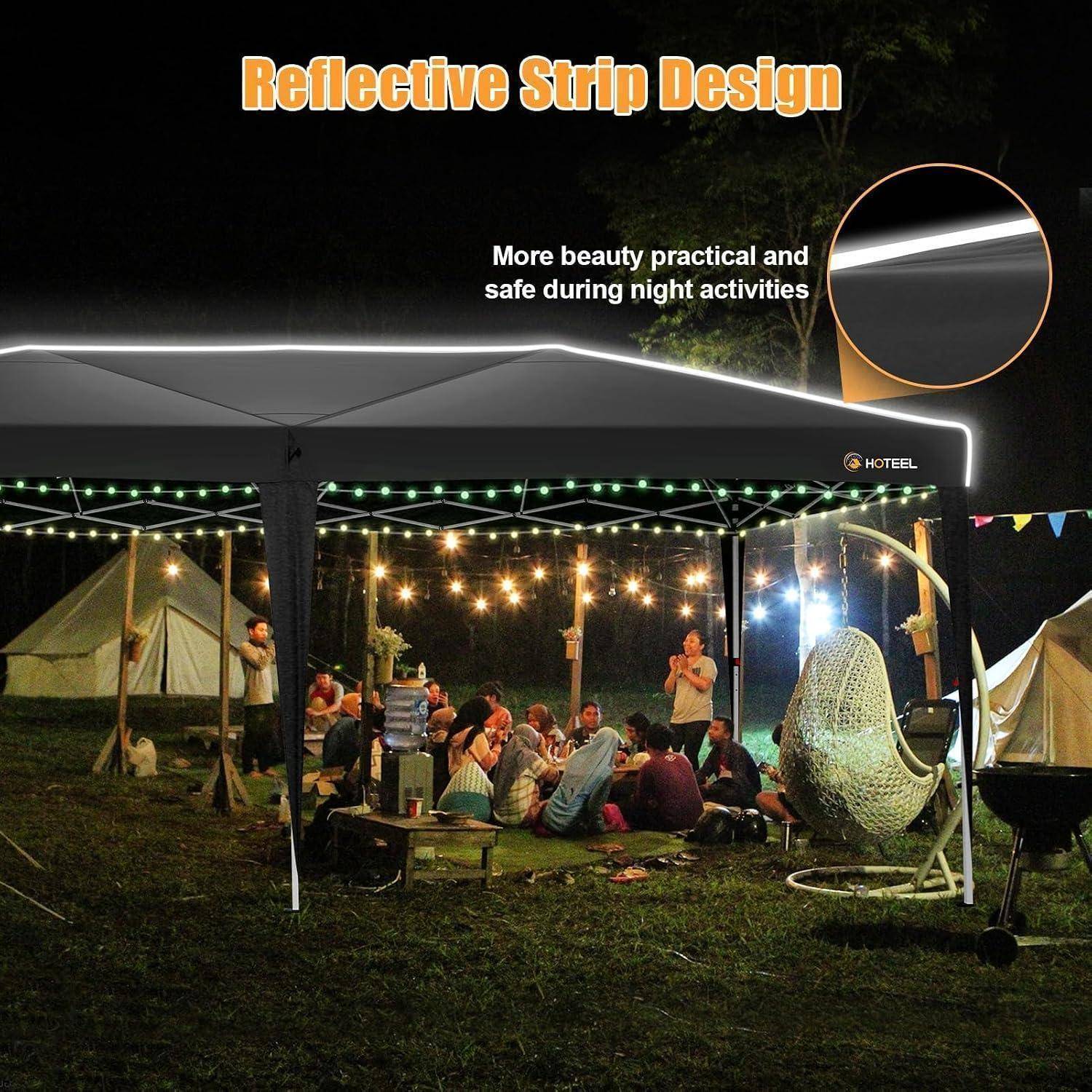 Nachtcampingszene unter einem Baldachindach mit hervorgehobenen reflektierenden Streifenkanten; Text lautet „Reflektierendes Streifendesign" und „Mehr Schönheit, Praktikabilität und Sicherheit bei nächtlichen Aktivitäten"".