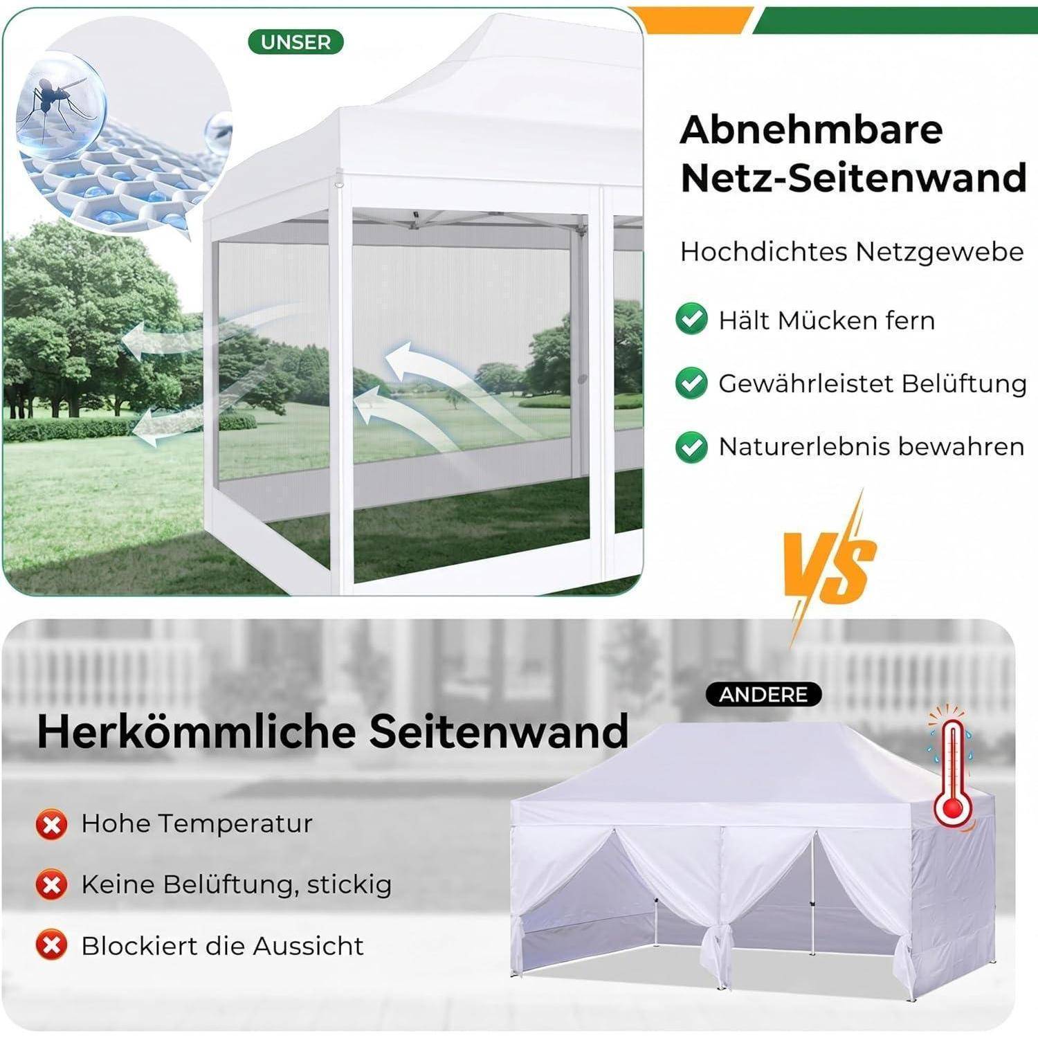Vergleichsgrafik zeigt "abnehmbare Netz-Seitenwand"" für einen Pavillon im Vergleich zu einer herkömmlichen Seitenwand; die Netzwand hält Mücken fern, ermöglicht Luftzirkulation und bewahrt die Aussicht, während die andere Wärme speichert und Belüftung sowie Sichtlinie blockiert.
