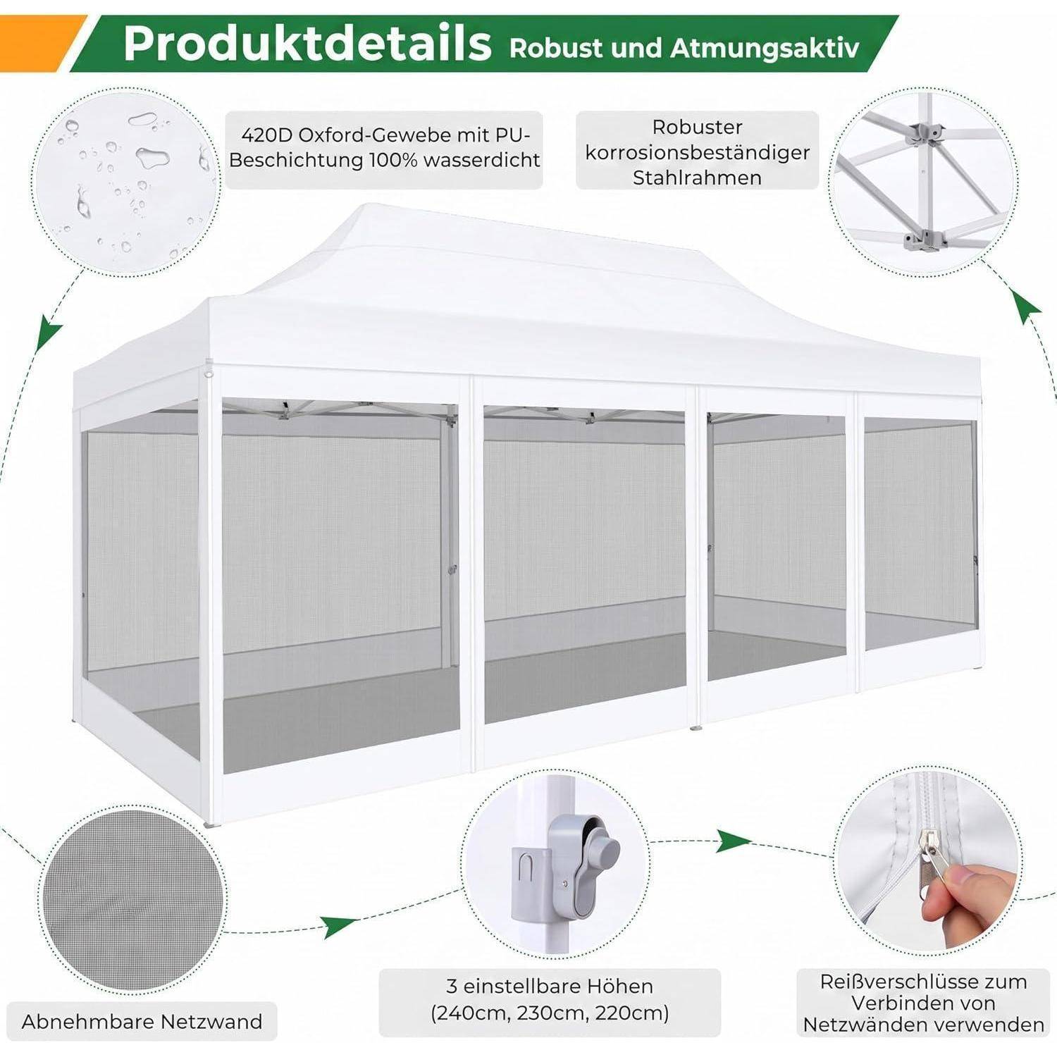Diagramm eines weißen Pop-Up-Pavillon-Zelts mit Mesh-Seitenwänden, das Produktdetails hervorhebt: 420D Oxford-Stoff, wasserdichte PU-Beschichtung, rostbeständiger Stahlrahmen, abnehmbare Netzwände, drei verstellbare Höhen und Reißverschlussverbinder.