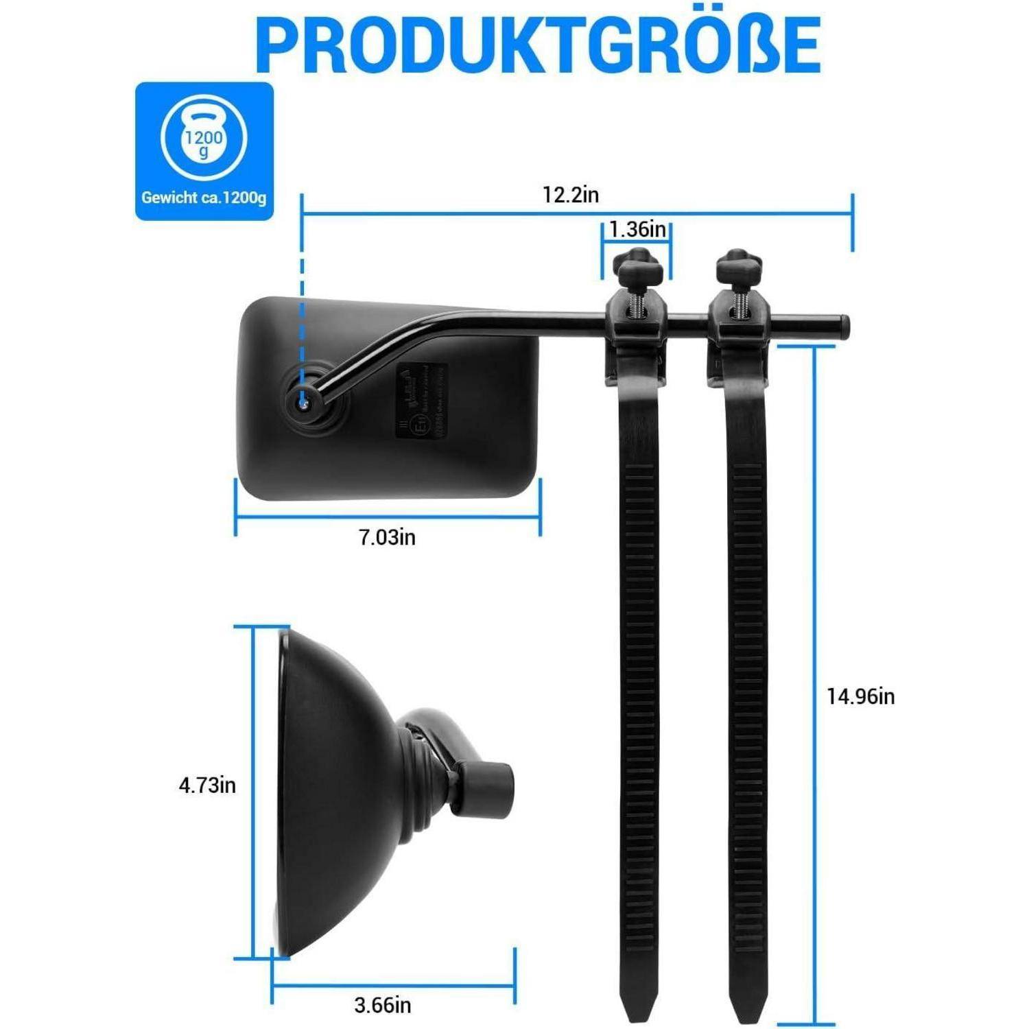 Größendiagramm eines schwarzen Montagebügels mit zwei Kabelbindern, Breite 12,2 Zoll und Höhe 14,96 Zoll, mit weiteren Abmessungen in Zoll angegeben und Gewicht 1200 g.