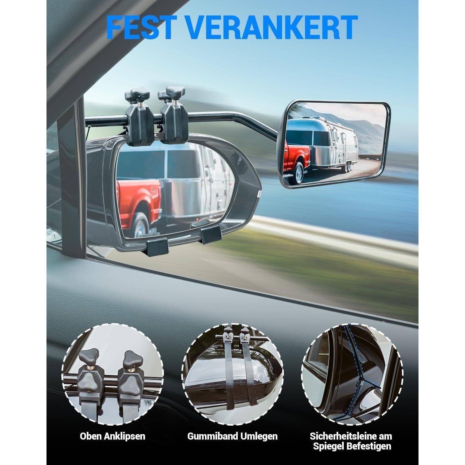 Außenspiegel des Autos mit angebrachtem Abschleppschlepper-Spiegelsystem; blaue Überschrift „FEST VERANKERT