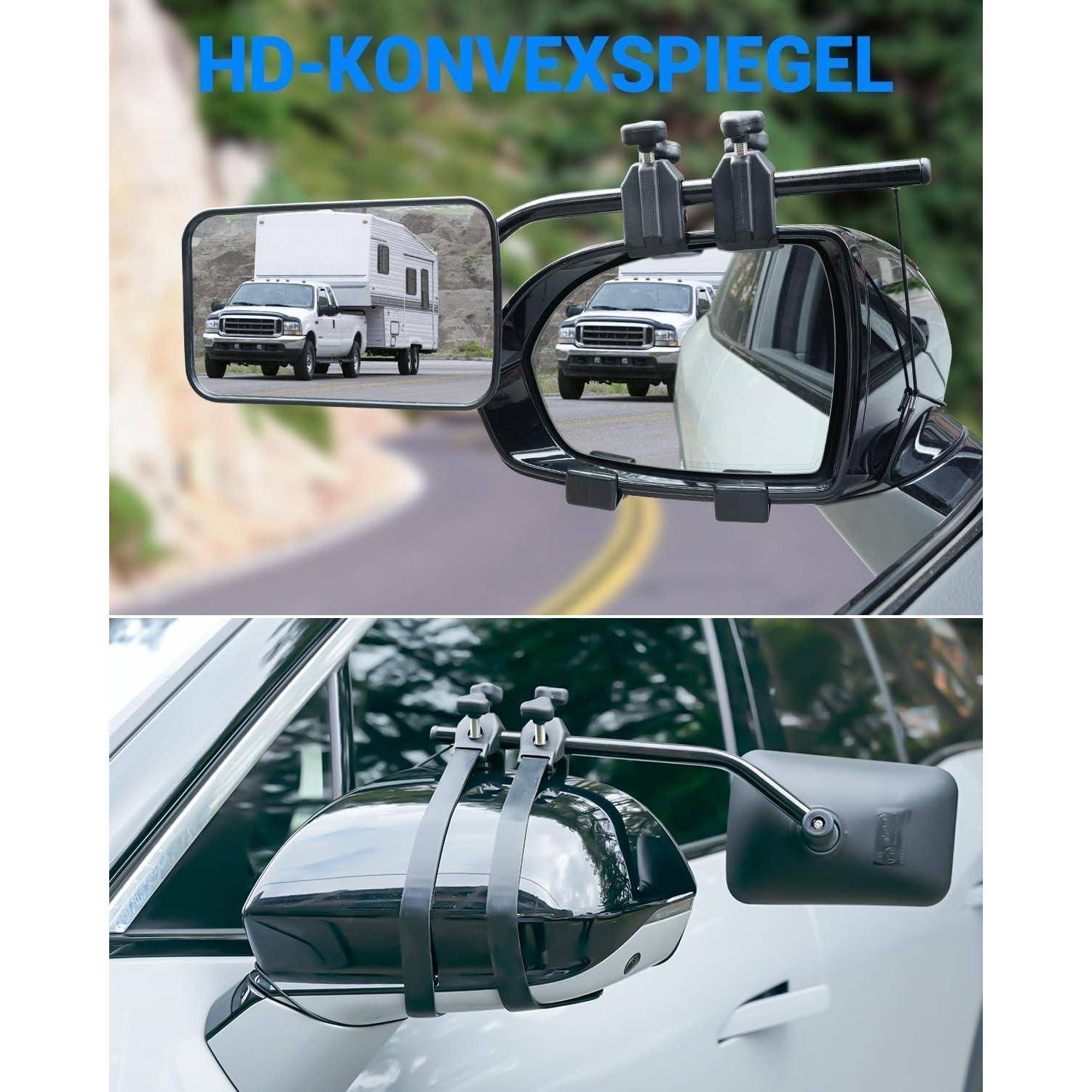 HD-KONVEXSPIEGEL Lastkraftwagen-Abschlepppspiegel, von vorne und von der Seite gezeigt, mit einer reflektierenden Einsatzansicht eines Pickups, der einen Wohnwagen-Anhänger abschleppt.