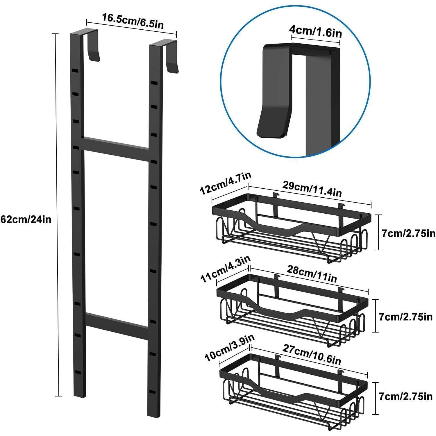 Produktdiagramm eines Türrahmen-Hängeregals mit Abmessungen: 62 cm hoch, 16,5 cm breit, 4 cm Hakentiefe und drei Korbgrößen darunter.