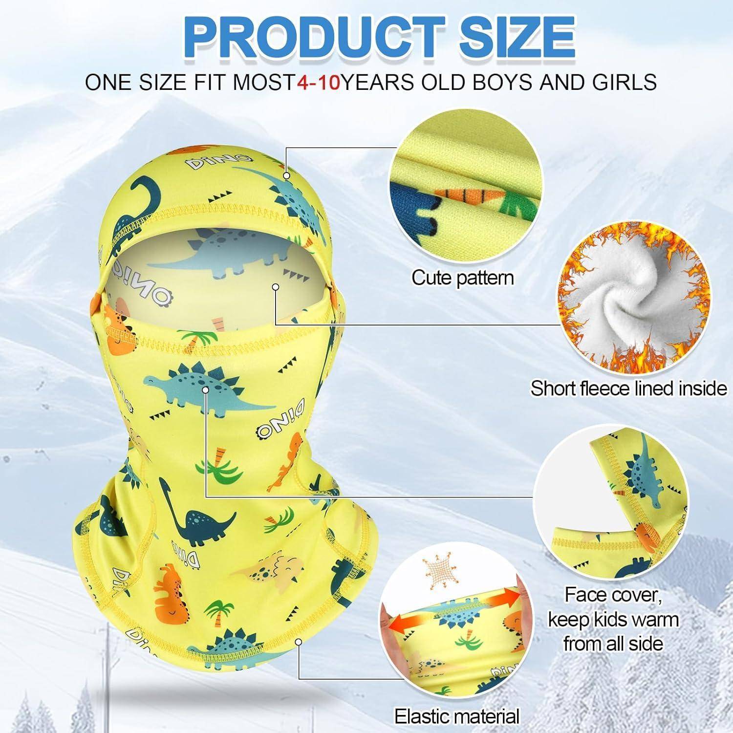 Größentabelle für Produkt eines gelben Dinosaurier-Muster-Gesichtsschutzes/einer Sturmhaube; eine Größe passt für die meisten Jungen und Mädchen im Alter von 4-10 Jahren, mit beschrifteten Nahaufnahmen des niedlichen Musters, Fleecefütterung und elastischem Material.