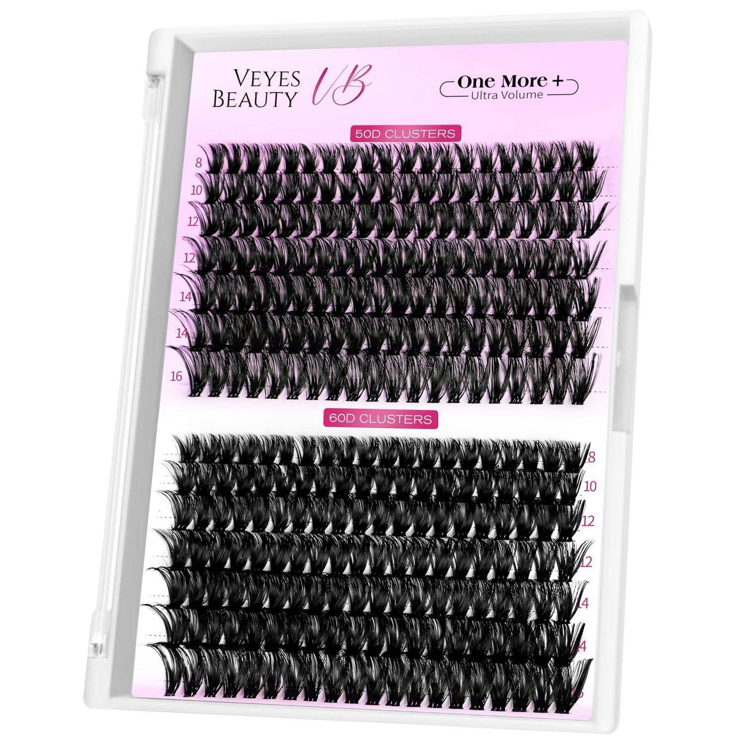 Packung von Veyes Beauty 'One More+ Ultra volume' 6D Cluster-Wimpernverlängerungen in verschiedenen Längen, präsentiert in einer durchsichtigen Schachtel.