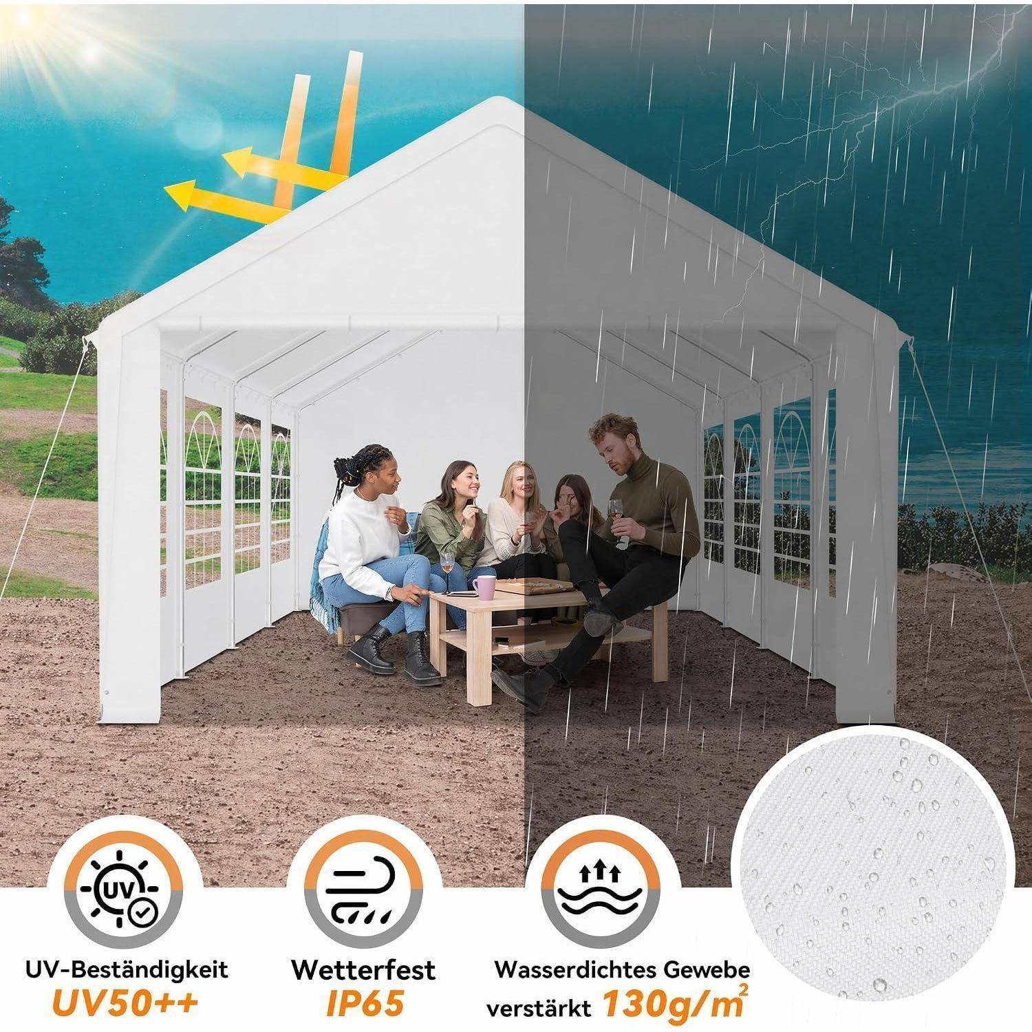 Split-View-Anzeige mit einem weißen Outdoor-Pavillon-Zelt mit Menschen darin, das sonnigen UV-Schutz und windigen Regen kontrastiert; Symbole sagen „UV-Beständigkeit UV50+", „Wetterfest"" und „Wasserdichtes Gewebe verstärkt"".