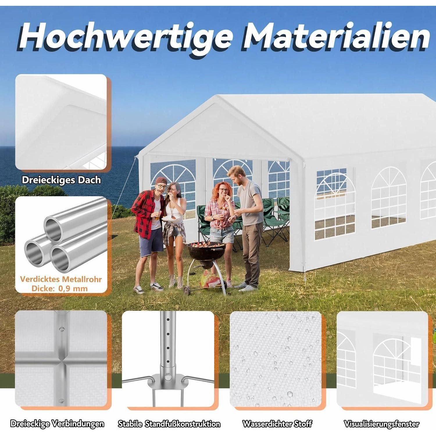 Anzeige für ein weißes Outdoor-Eventzelt mit hervorgehobenen „hochwertigen Materialien": Dreieckdach, 0,9 mm dicke Metallrohre, stabiler Rahmen, wasserdichter Stoff und Sichtfenster.
