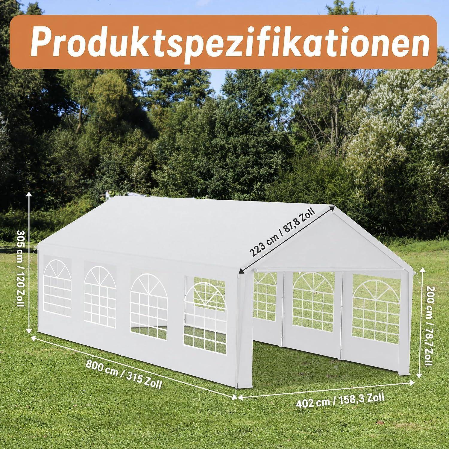 Produktspezifikationen-Grafik zeigt ein weißes Außenpavillonzelt auf Gras mit beschrifteten Abmessungen: 800 cm Länge, 402 cm Breite, 305 cm Höhe und 223 cm Dachlänge.