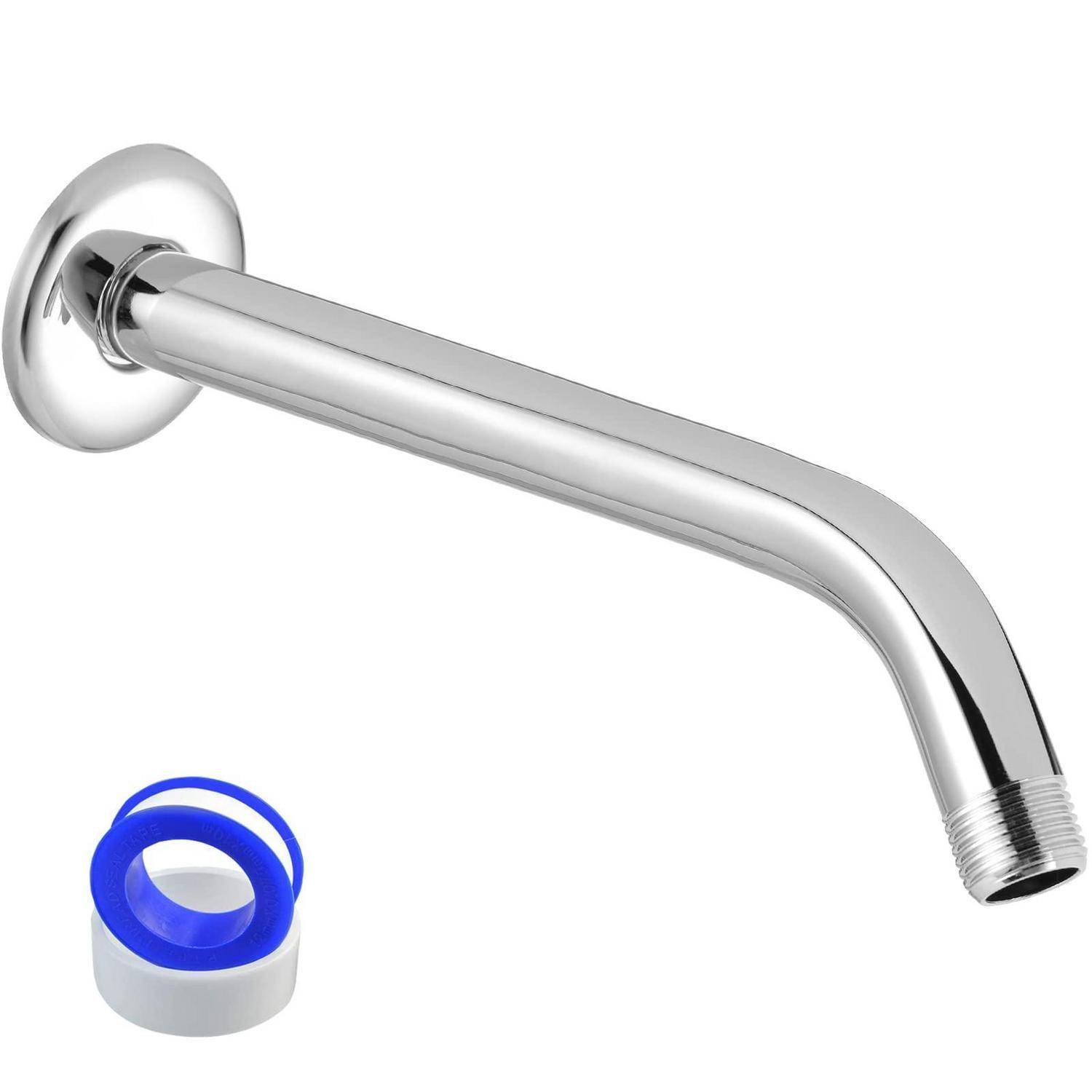 Chromglänzende Brausearm-Leitung mit Wandflansch und einer blau-weißen Dichtungsband-Rolle zur Sanitärinstallation.