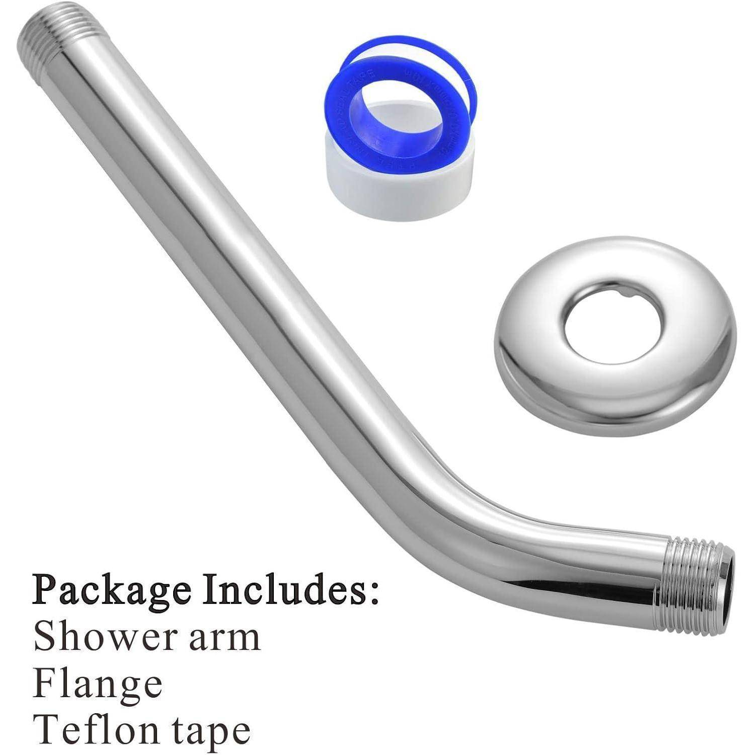Dusch-Armaturenset mit verchromtem gebogenem Rohr, passender Flansch und blauem Teflon-Band; Text lautet „Paketinhalt: Duscharm, Flansch, Teflon-Band