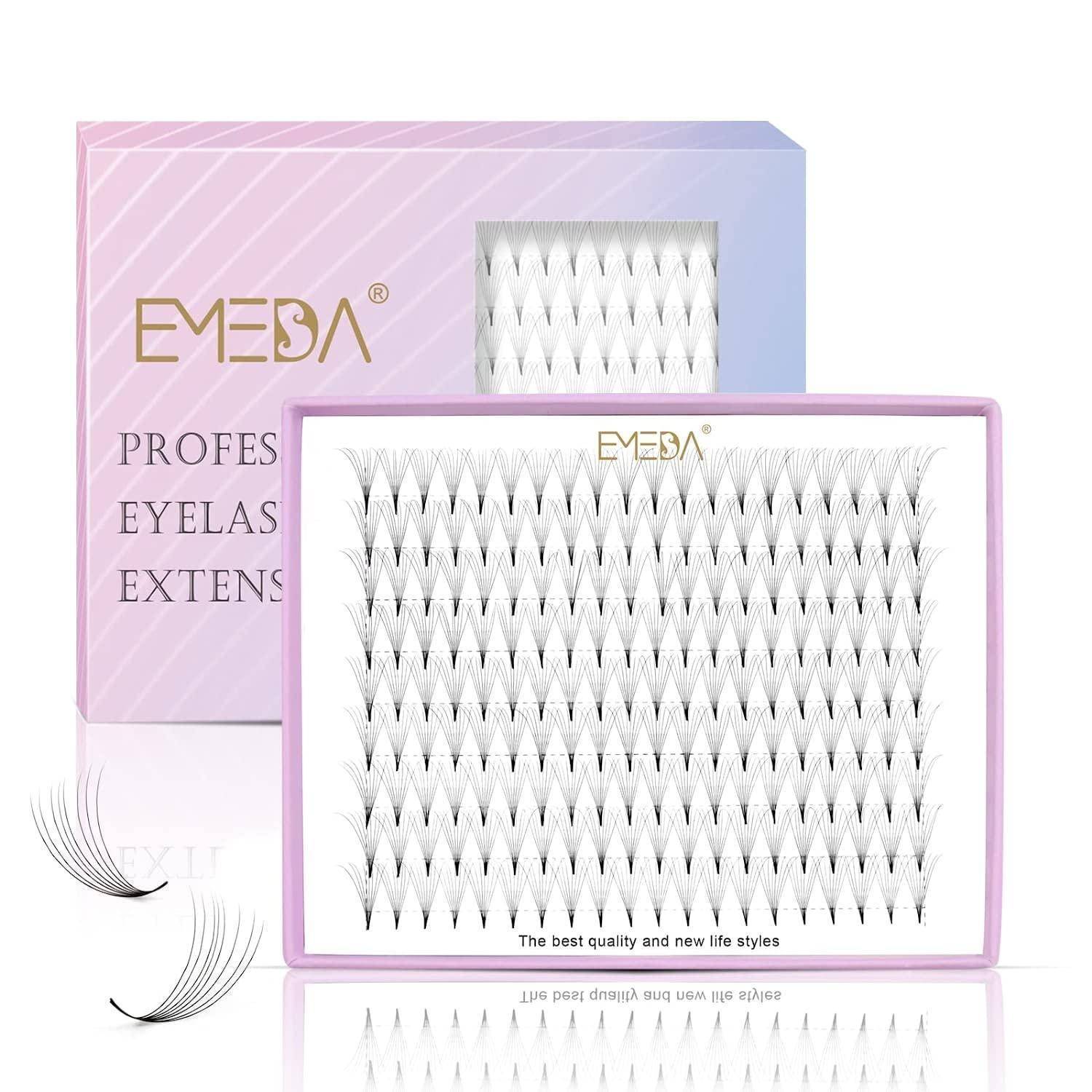 Verpackte EMEDA professionelle Wimpernverlängerungen mit einem Tablett weißer Wimpernbündel und Musterwimpern, die vorne gezeigt werden.