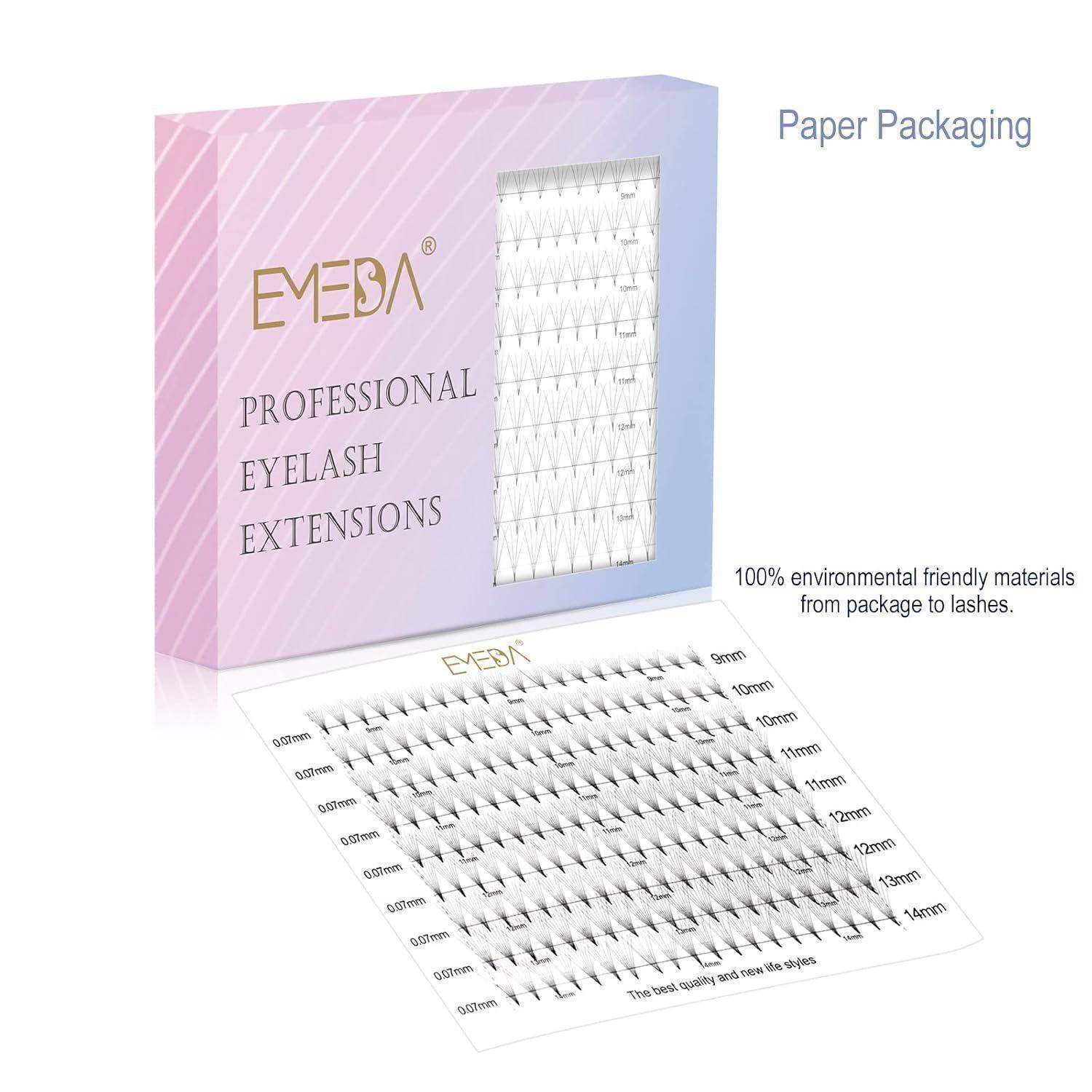 Produktverpackung für EMEDA professionelle Wimpernverlängerungen, dargestellt in Papierverpackung mit Wimpernablage und Stilchart; der Text besagt, dass 100% umweltfreundliche Materialien von der Verpackung bis zu den Wimpern verwendet werden.