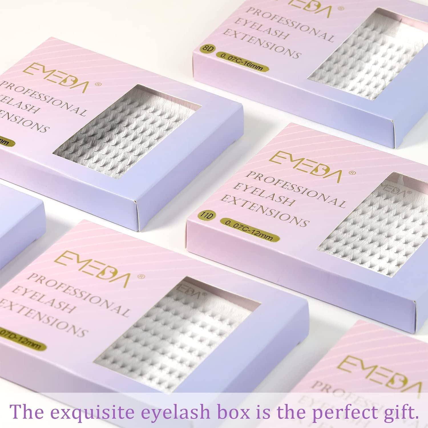 Pastellfarbene lavendelfarbene Boxen mit EVESA Professional Wimpernverlängerungen mit sichtbaren Wimpernbehältern; die Bildunterschrift lautet „Die exquisite Wimpernbox ist das perfekte Geschenk.