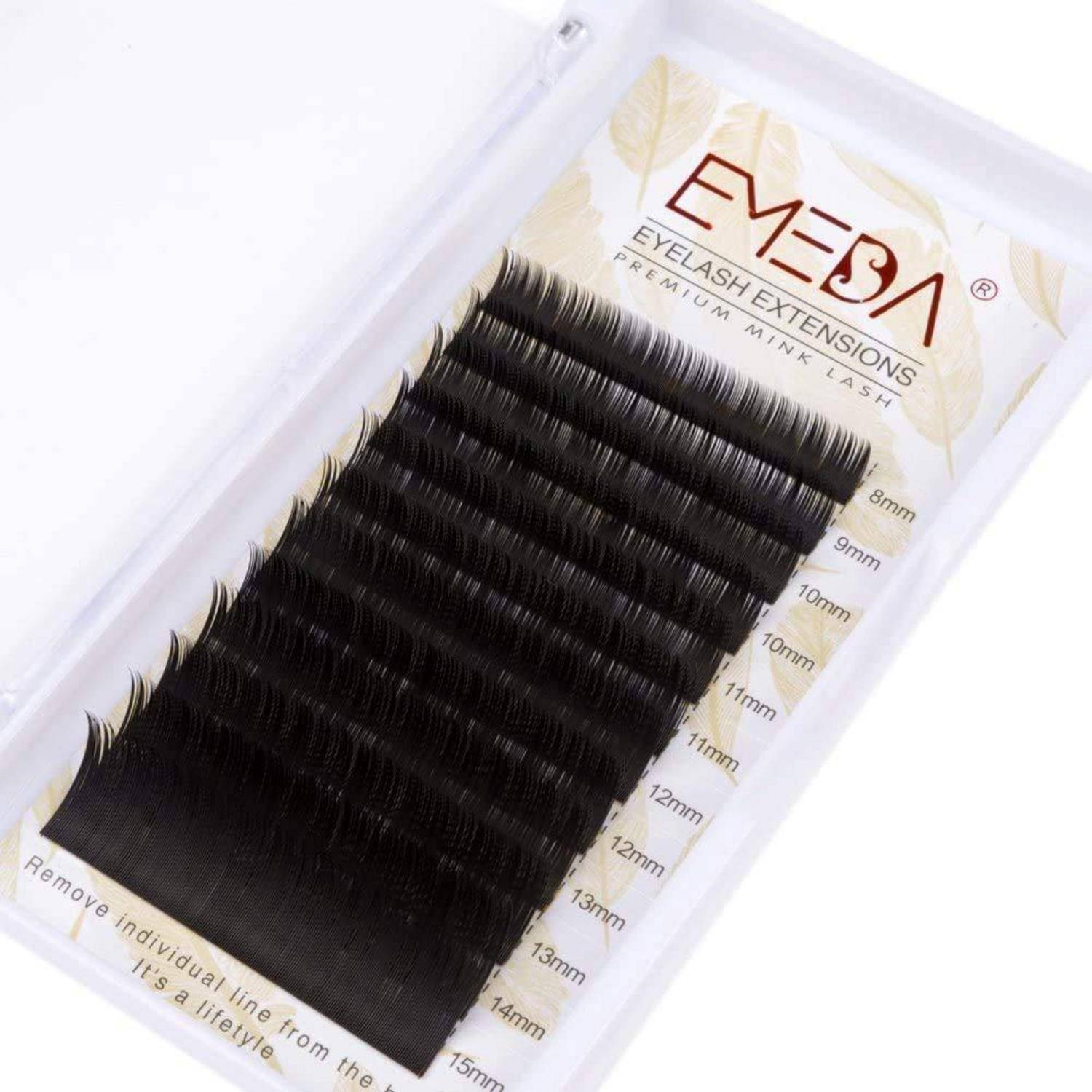 Verpackte 'Elysia Eyelash Extensions' Premium-Nerzwimpern-Tablett mit schwarzen Wimpernstreifen, beschriftet nach Längen von 8mm bis 15mm.