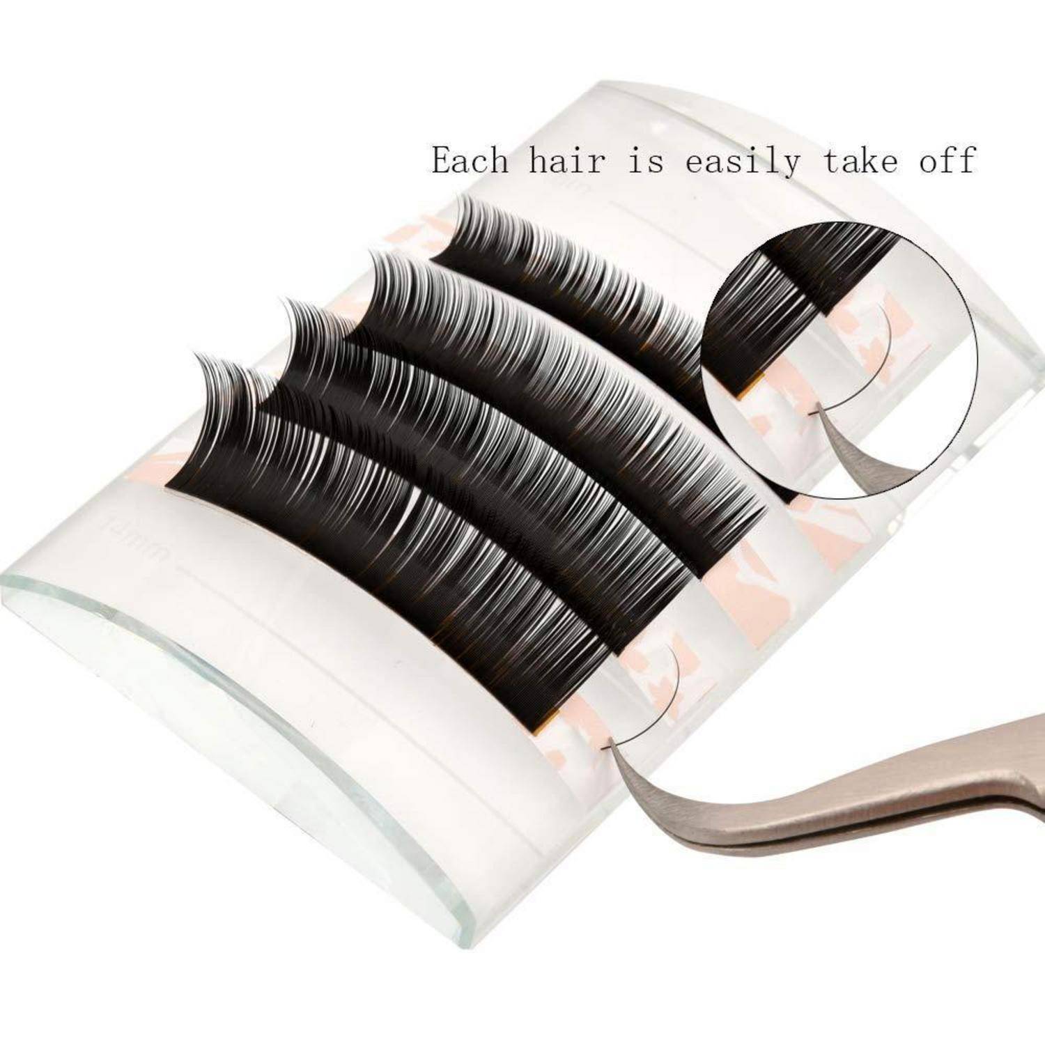 Nahaufnahme von Wimpernstreifen mit künstlichen Wimpern auf einem gebogenen Displaytablett, mit dem Text „Each hair is easily take off