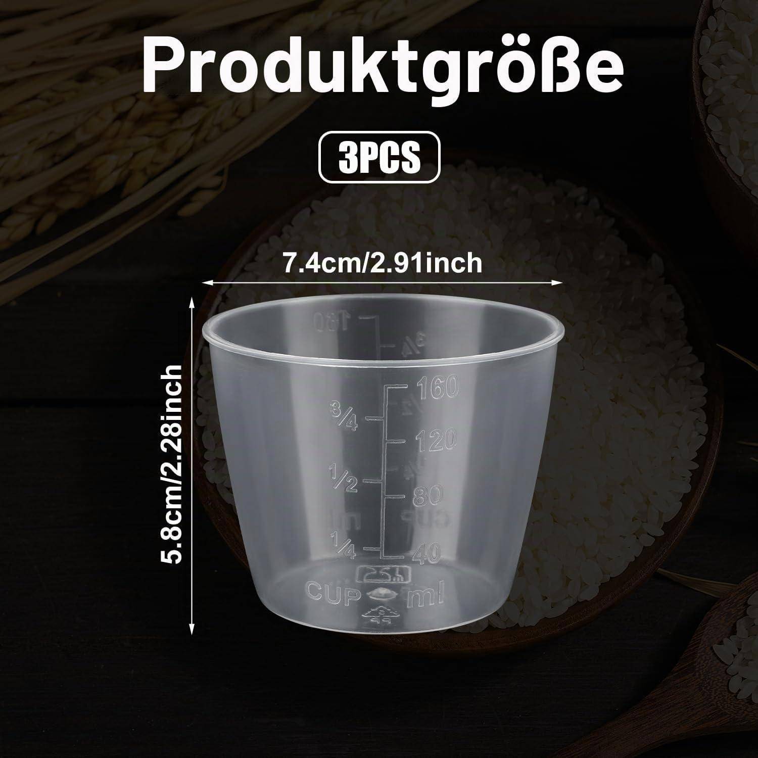Transparenter Messbecker mit der Bezeichnung „Produktgröße