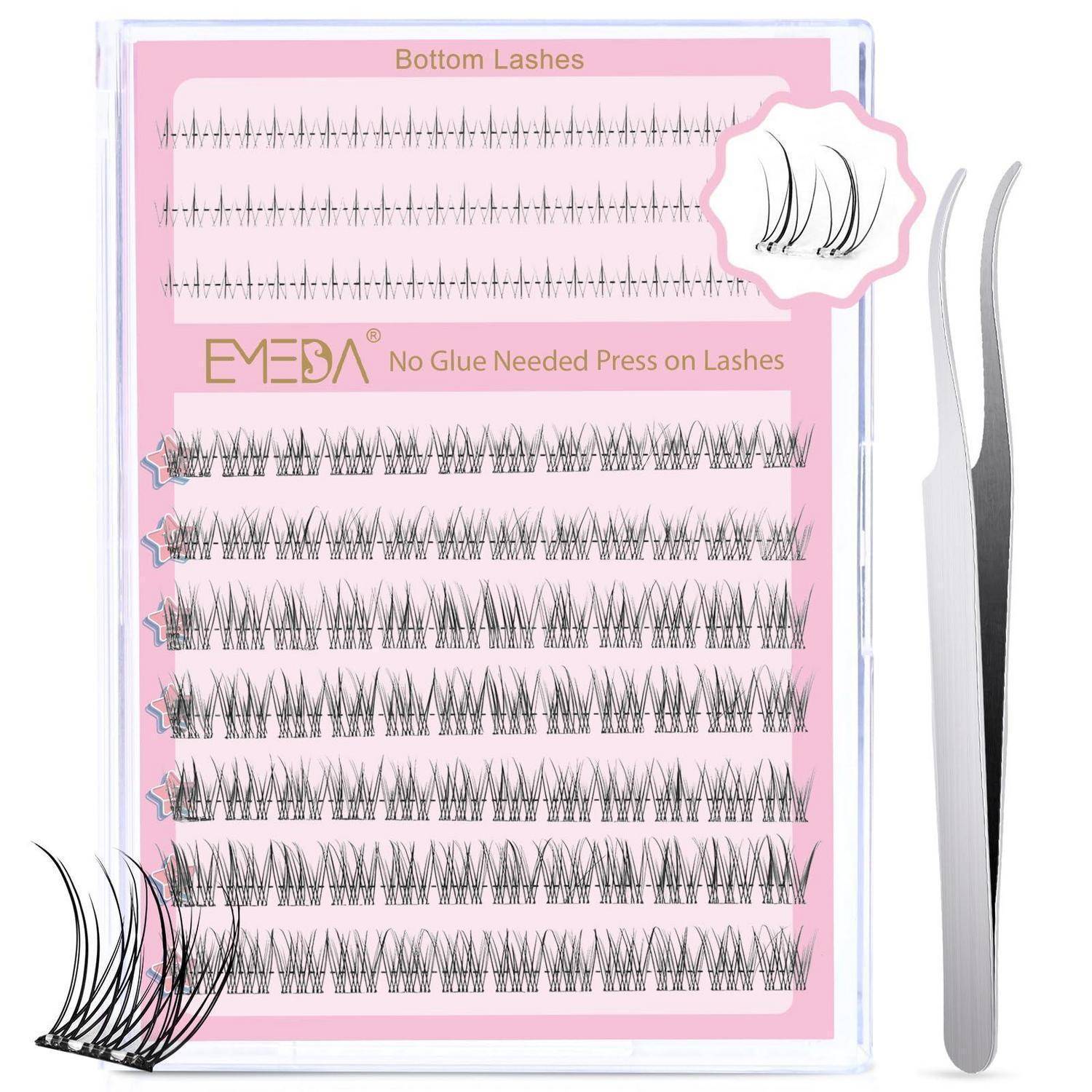 Rosa EMESA Unterlidwimpern-Set-Verpackung mit mehreren künstlichen Wimpernstreifen und Pinzetten auf der rechten Seite.