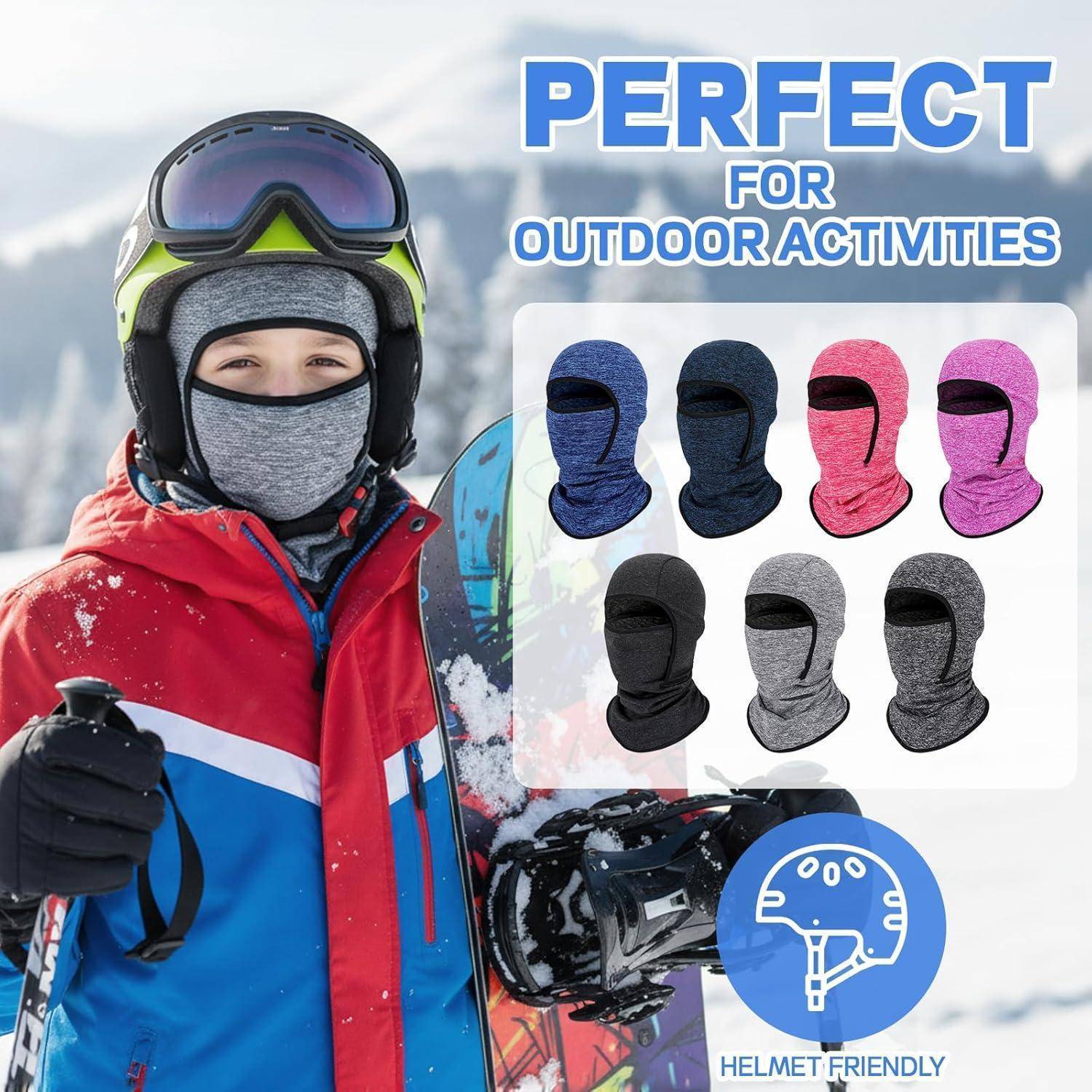 Ein Skifahrer, der einen Helm und eine Skibrille trägt, verwendet einen Gesichtsschutz; der Text sagt „PERFEKT FÜR OUTDOOR-AKTIVITÄTEN