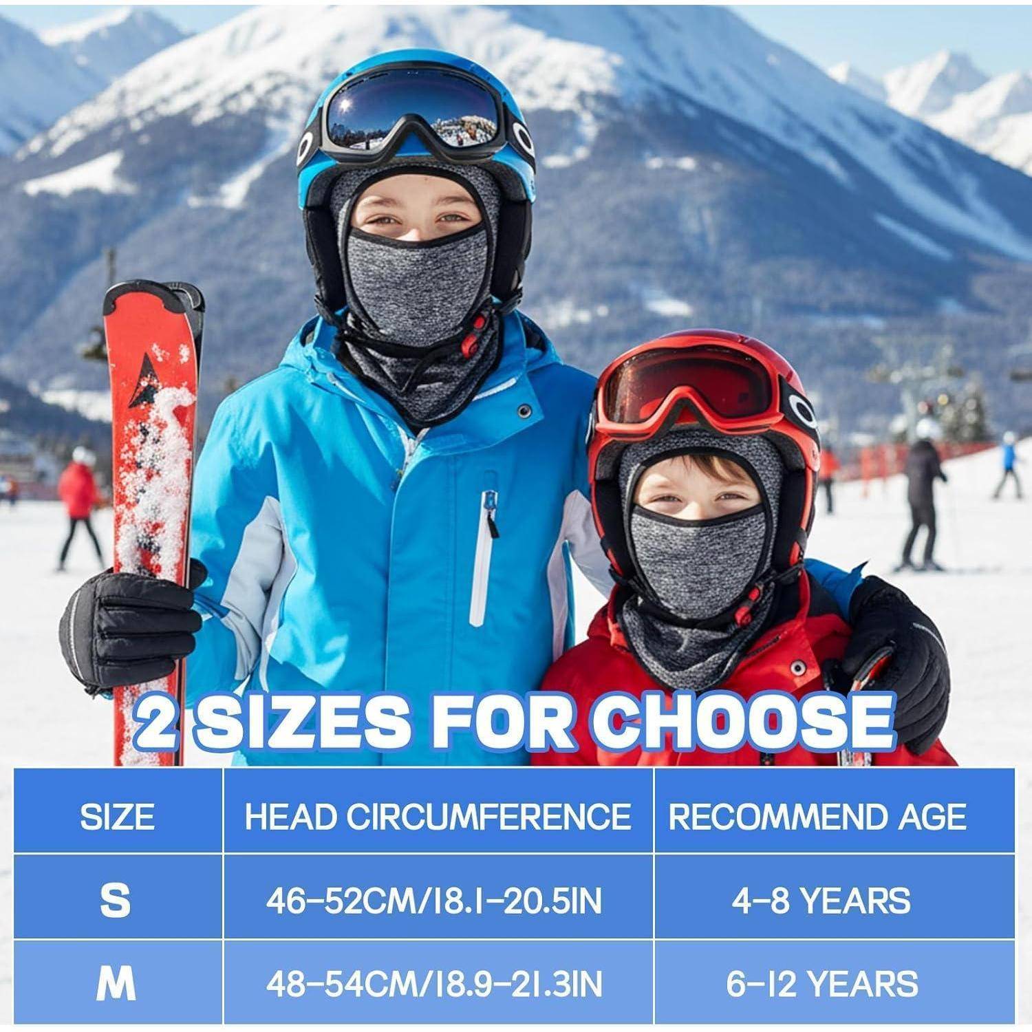 Winterhelm-Größentabelle mit zwei Kindern in Skiausrüstung und Text: „2 GRÖSSEN ZUR AUSWAHL