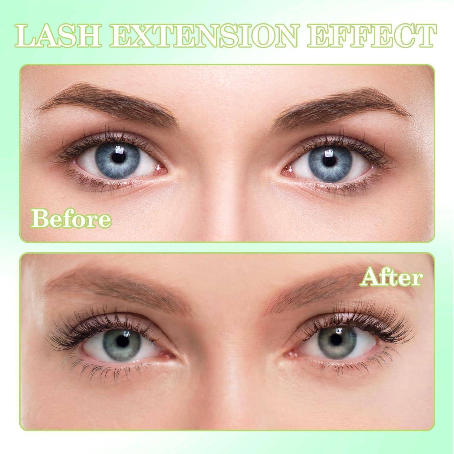 Vorher-und-Nachher-Nahaufnahme der Augen, die die Wirkung von Wimpernverlängerungen zeigen: kurze natürliche Wimpern mit der Bezeichnung „Vorher