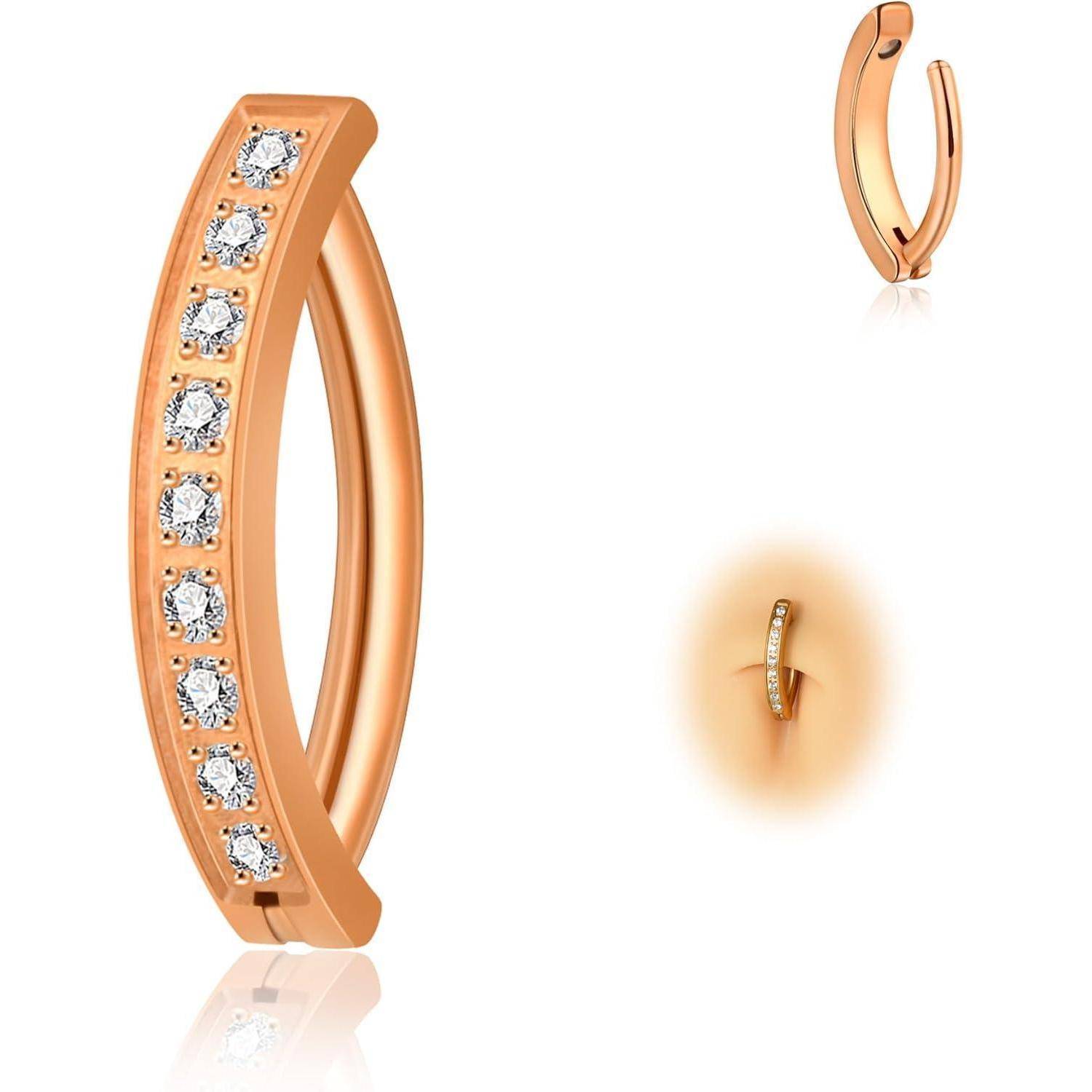 Rosegold-Creolen mit einer Reihe klarer Edelsteine, in großer Ansicht mit zwei kleineren Ansichten auf weißem Hintergrund gezeigt.