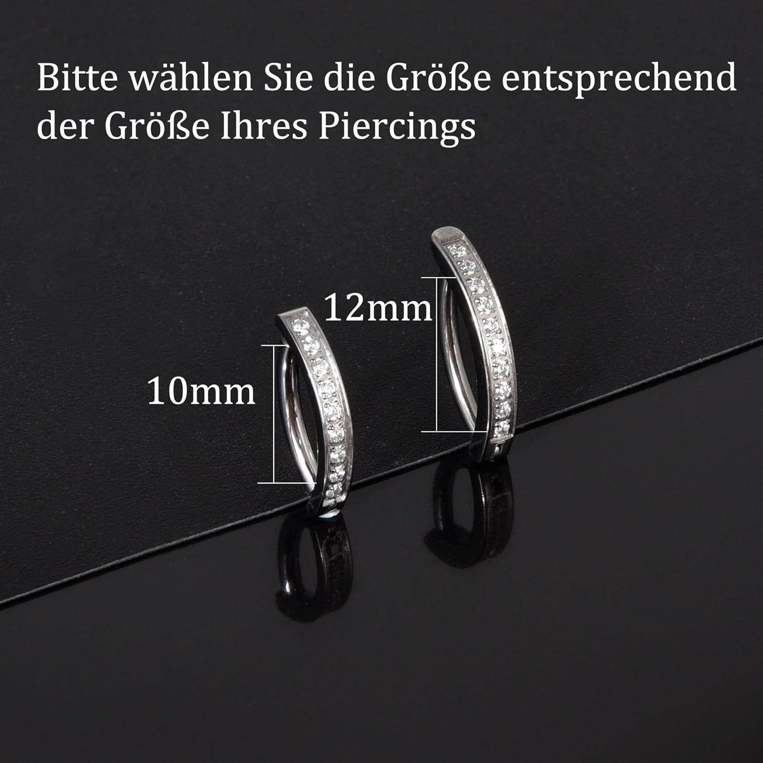 Produktbild mit zwei Creolen mit den Bezeichnungen 10mm und 12mm und deutschem Text: „Bitte wählen Sie die Größe entsprechend der Größe Ihres Piercings