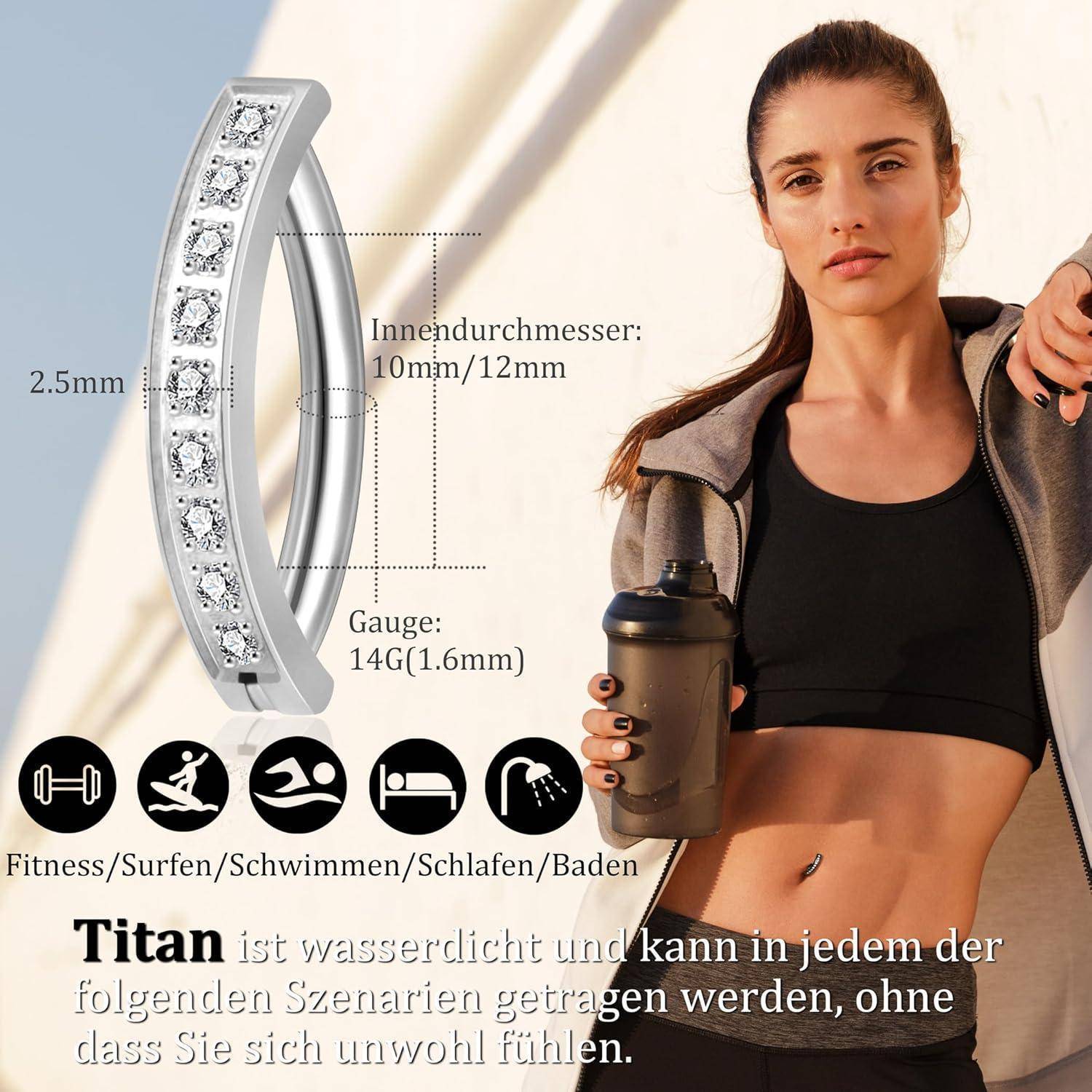 Fitness-Schmuck Anzeige mit einem gekrümmten silbernen Ring mit Kristalleinlagen, Größenetiketten auf Deutsch und einer Frau, die eine Wasserflasche in Trainingskleidung hält.