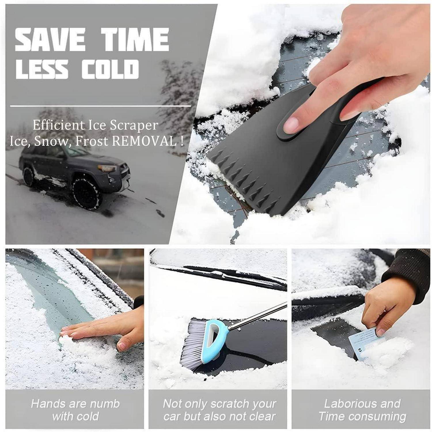 Promotional-Collage mit einer Hand, die einen Eiskratzer verwendet, um Schnee und Reif von Autofenstern zu entfernen, mit Text: „ZEIT SPAREN WENIGER KÄLTE
