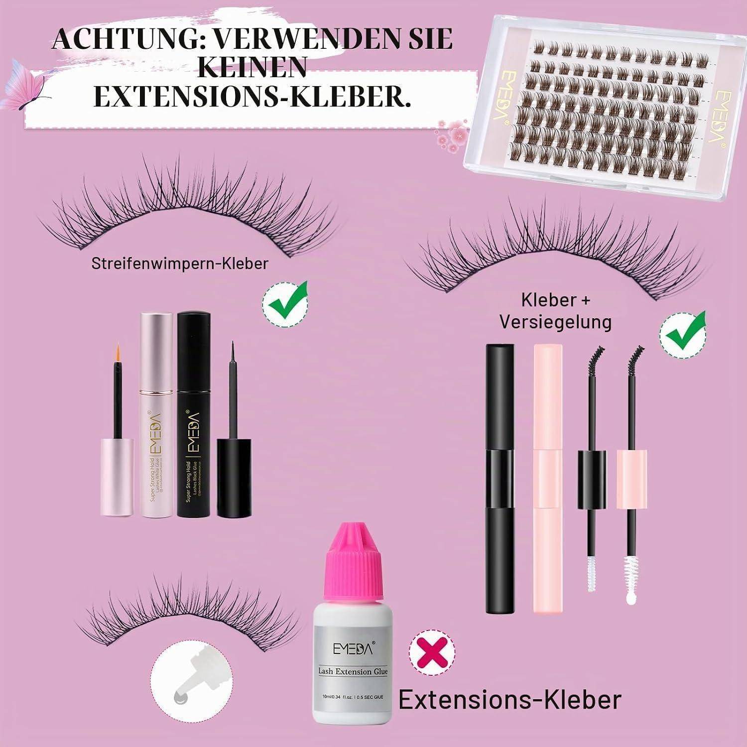 # Anleitung zur deutschen Wimpernverlängerung: Verwenden Sie Strip-Lash-Kleber oder Kleber plus Dichtmittel, nicht Extensionskleber; zeigt kontrollierte zugelassene Artikel und eine durchgestrichene Klebeflasche.