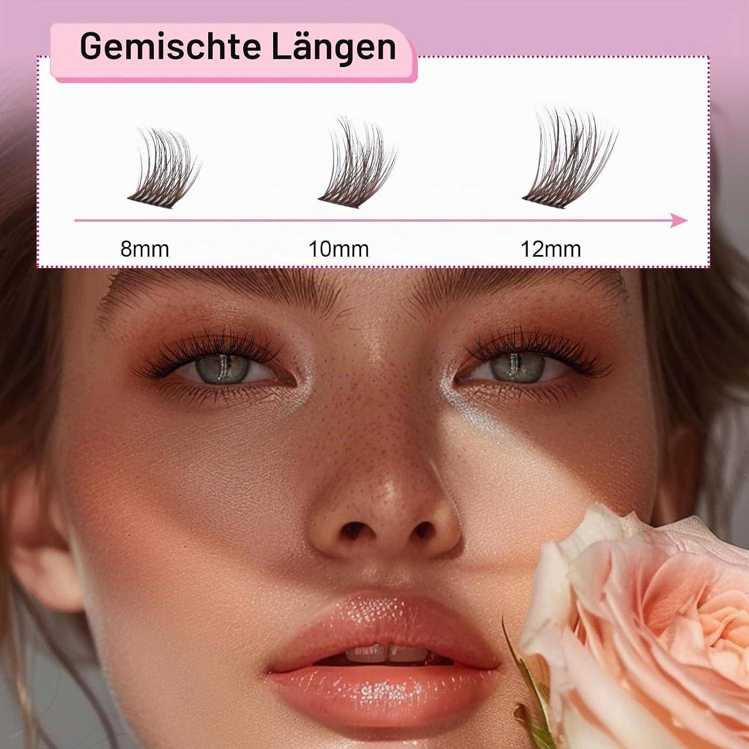 Anzeige für gemischte Wimpernlängen, zeigt 8 mm, 10 mm und 12 mm Wimpernfächer über einem Close-up eines Frauengesichts mit Make-up und einer Rose.