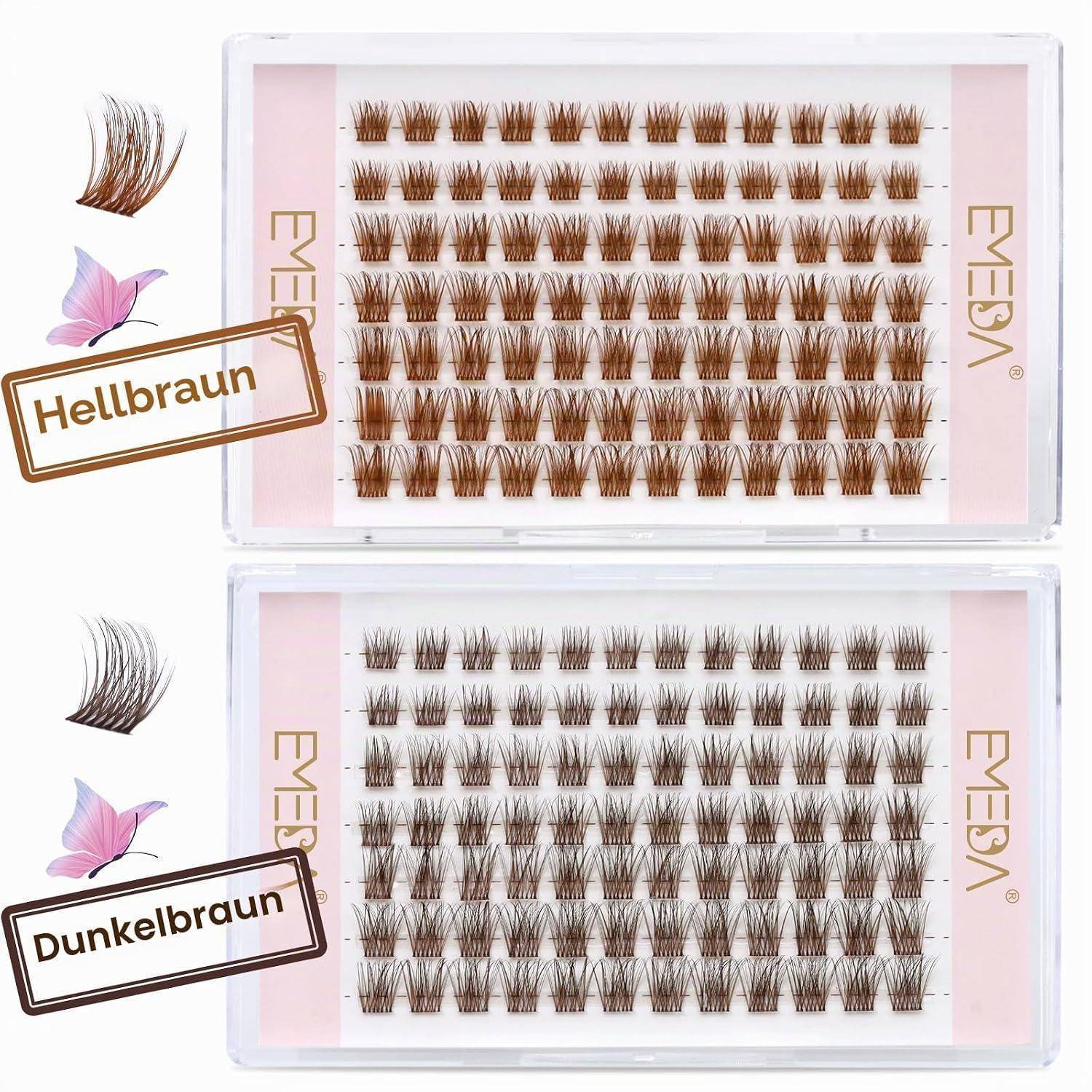 Zwei Tabletts mit falschen Wimpern mit den Bezeichnungen 