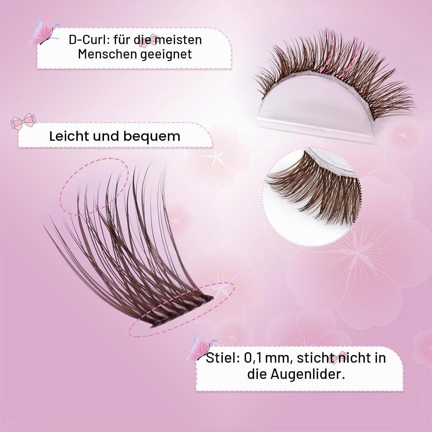 Rosa Infografik von falschen Wimpern mit der Bezeichnung D-Curl, „für die meisten Menschen geeignet