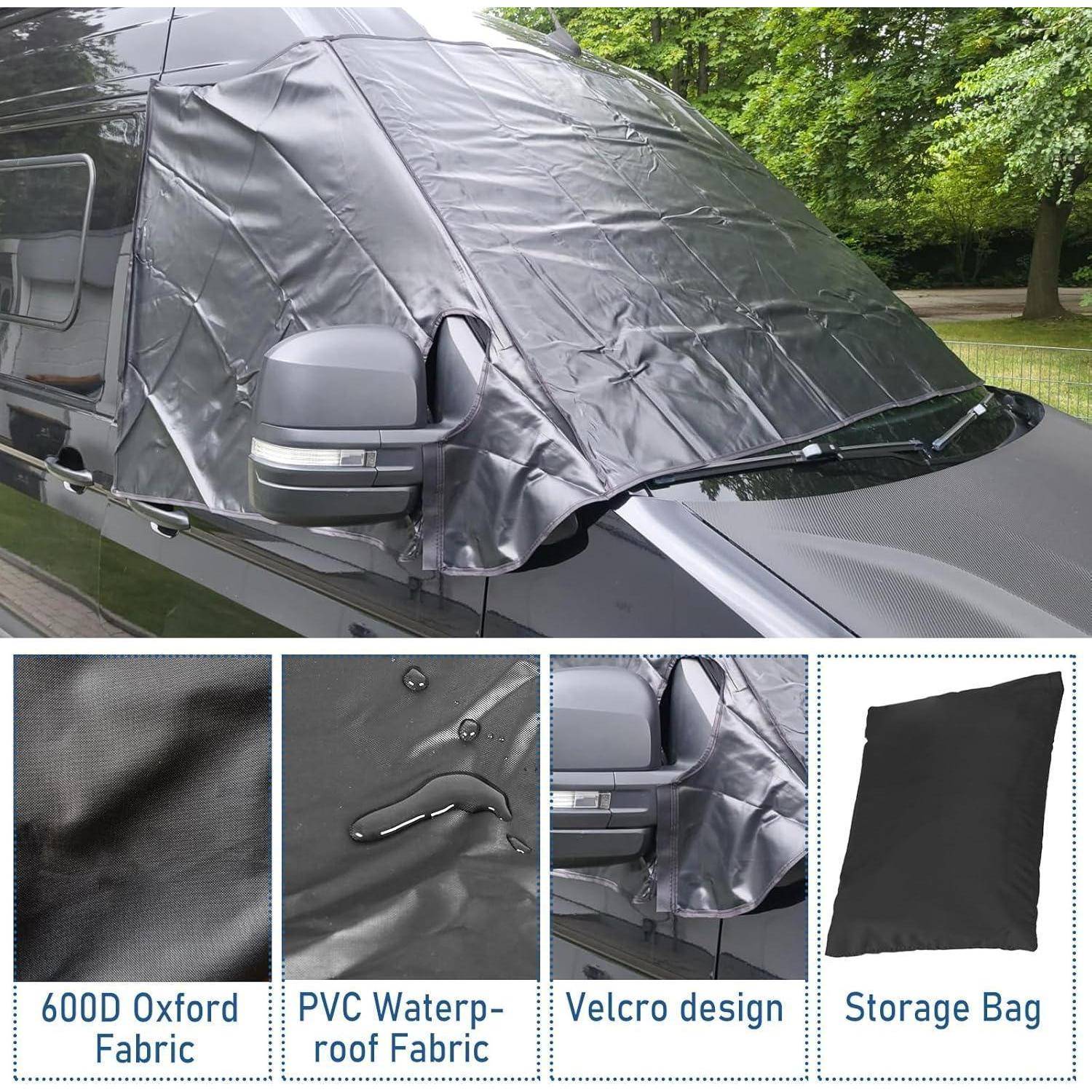 Schwarze Autowindschutzscheibe auf einem Fahrzeug, gezeigt mit Nahaufnahmen des 600D Oxford-Gewebes, wasserdichter PVC-Rückseite, Klettverschluss und Aufbewahrungstasche.
