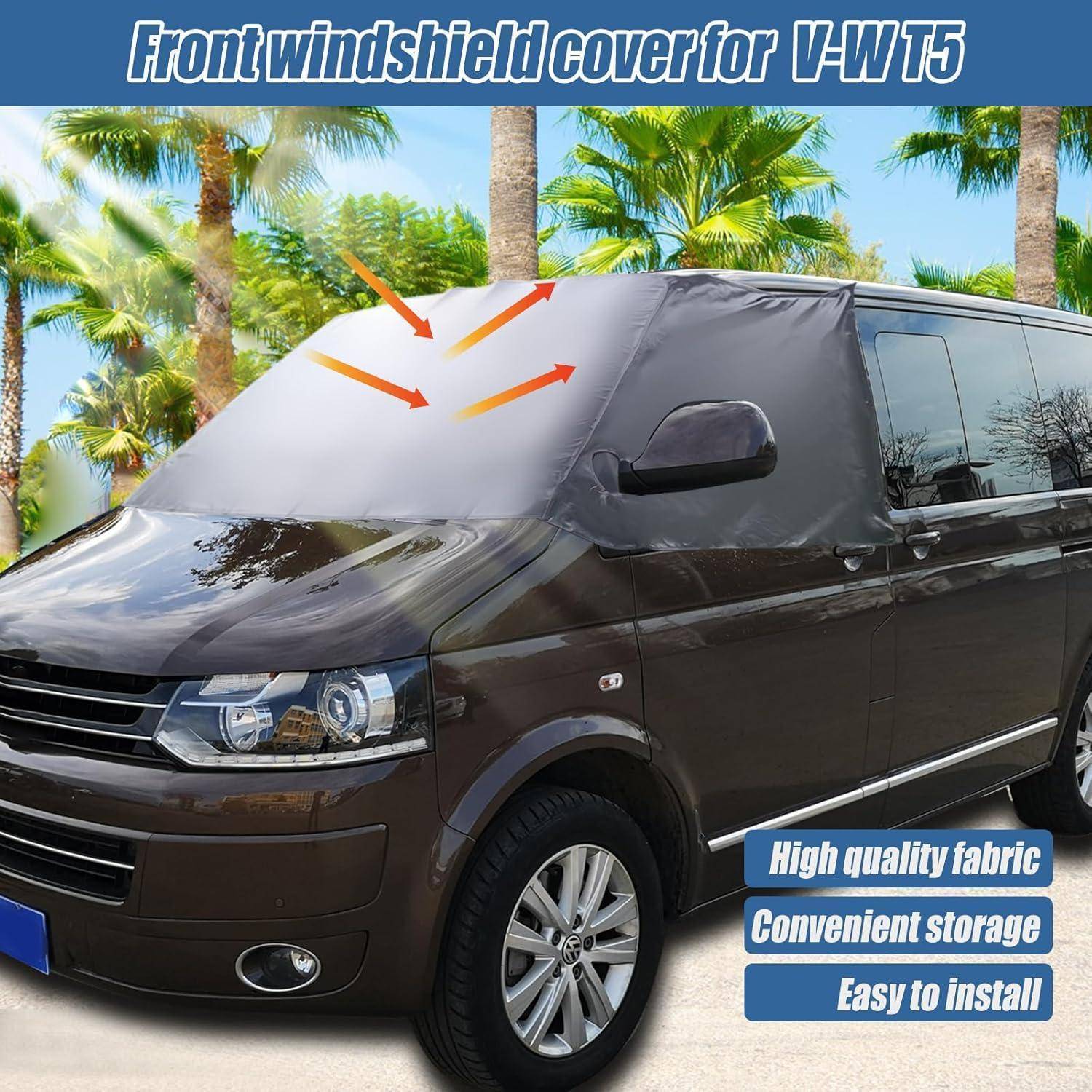 Schwarzer VW T5 Kastenwagen mit montiertem Frontscheibenschutz; der Text bewirbt „Frontscheibenschutz für VW T5