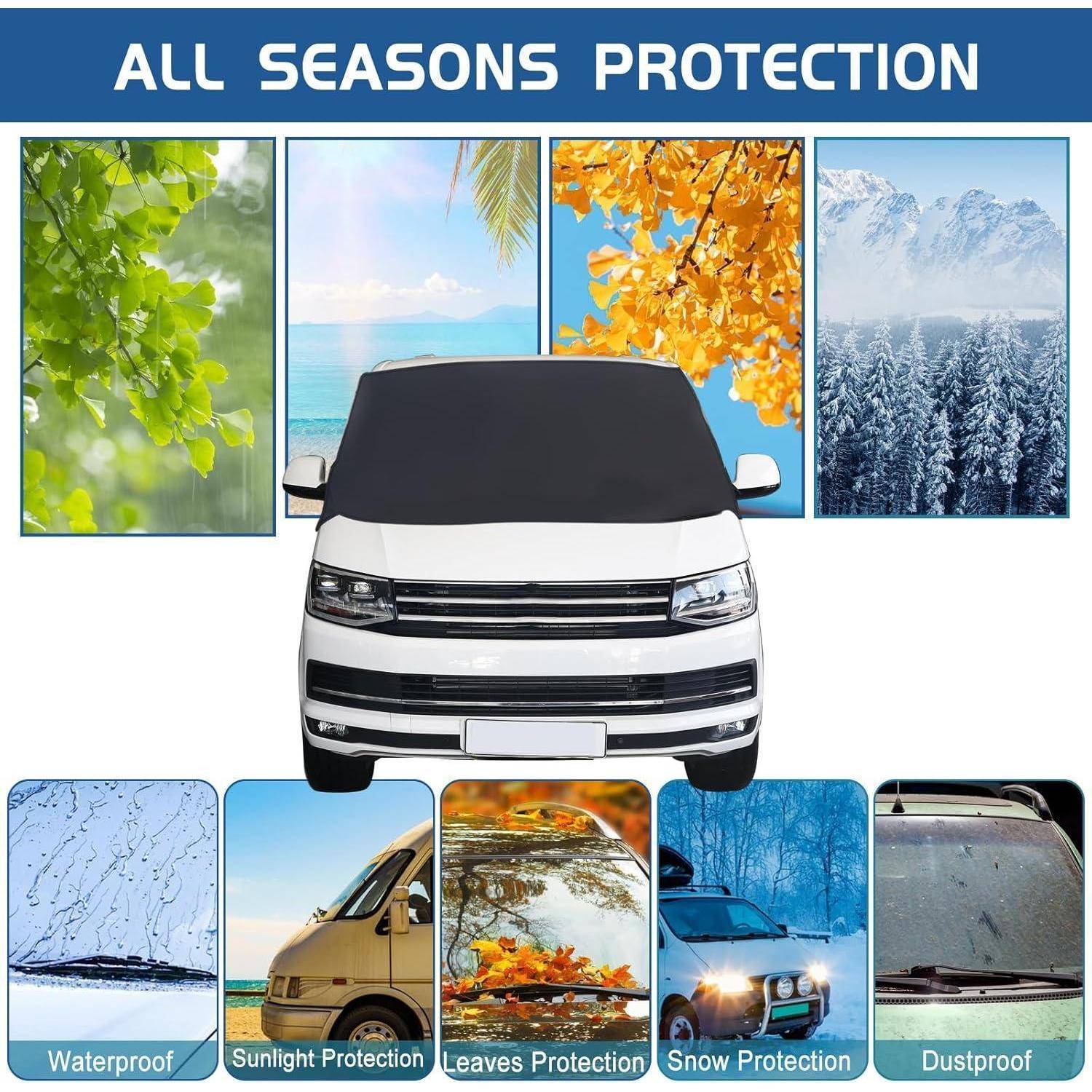 Werbegrafik eines ganzjährigen Sonnenschutzes für Autos, gezeigt vor Blatt-, Strand-, Herbst- und Schneeszenen, mit Bezeichnungen: Wasserdicht, Sonnenschutz, Laubschutz, Schneeschutz, Staubdicht.