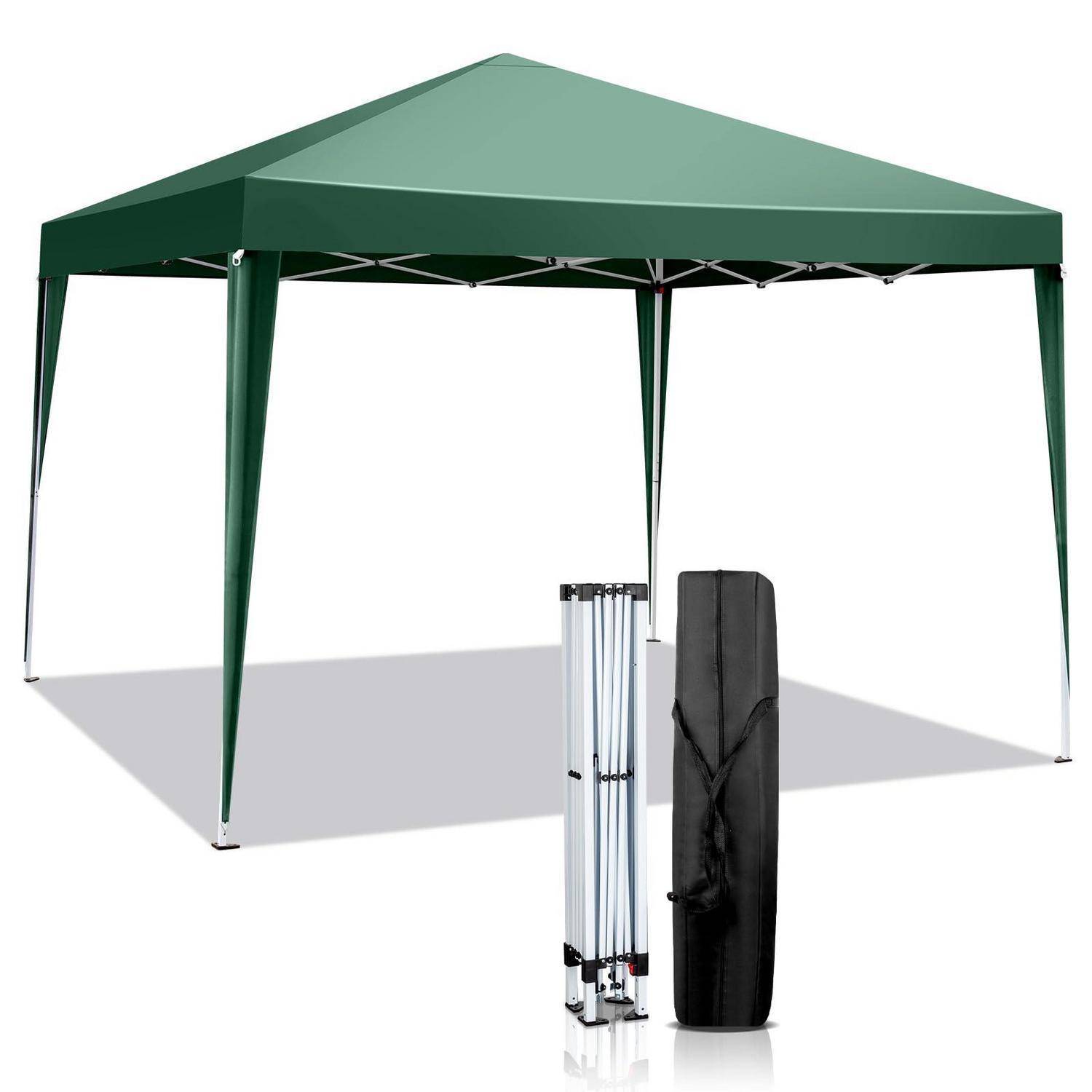 Grünes Pop-up-Baldachindach mit zusammengeklapptem Metallrahmen und schwarzer Tragetasche vorne gezeigt, was portable Außenunterbringungsspeicherung anzeigt.