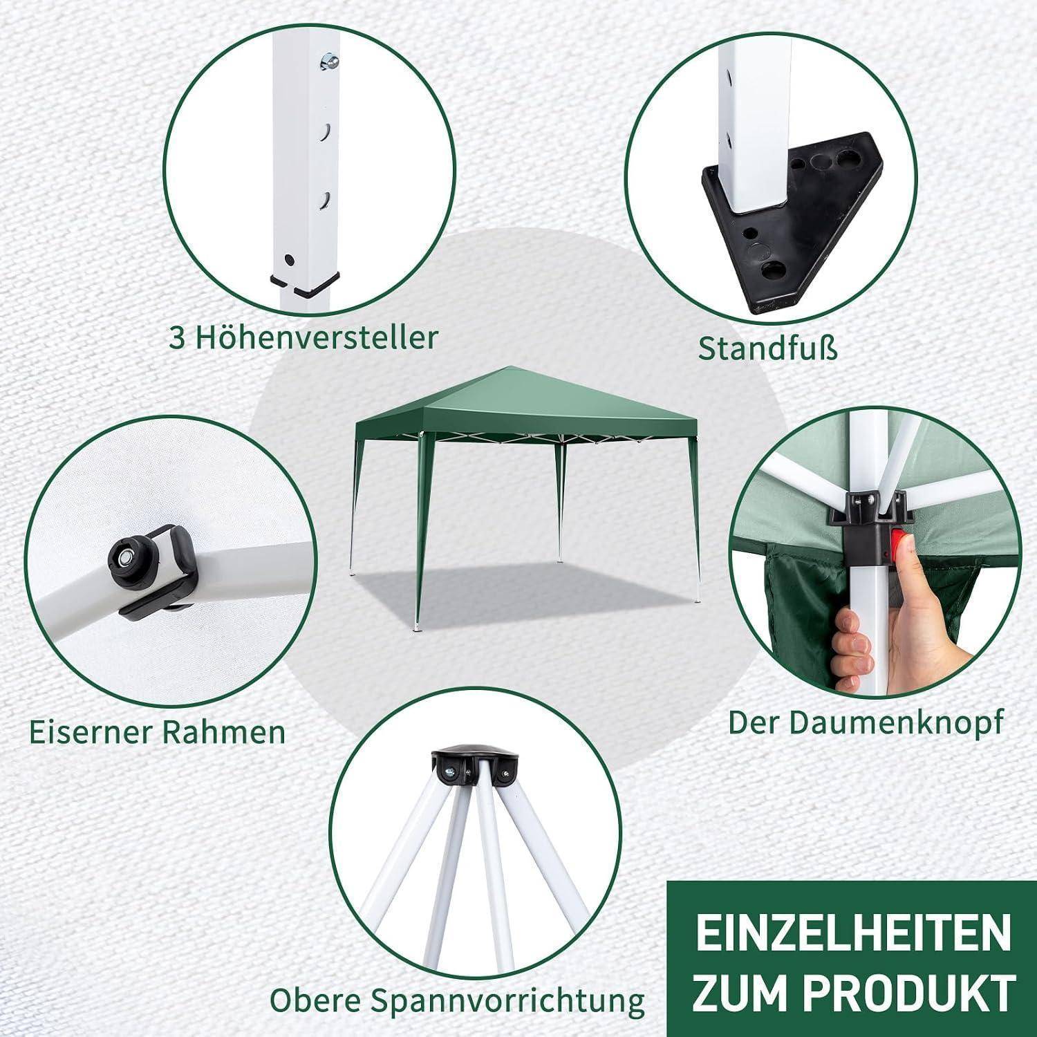 Infografik eines grünen Pop-up-Markisenzelt mit beschrifteten Nahaufnahmen: '3 Höhenversteller', 'Standfuß', 'Eiserner Rahmen', 'Der Daumenkopf', und 'Obere Spannvorrichtung'.
