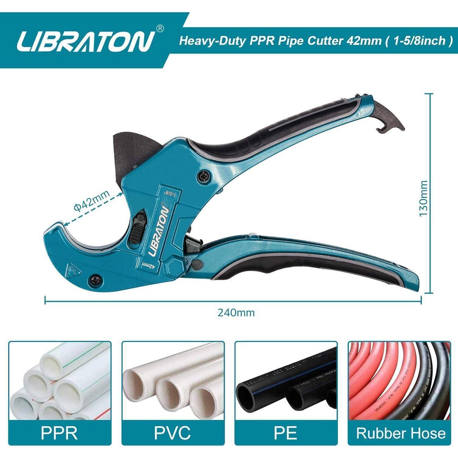 LIBRATON Rohrabschneider für Rohre bis 42mm (1-5/8 Zoll), gezeigt mit Abmessungen und kompatiblen Materialien: PPR, PVC, PE und Gummischlauch.