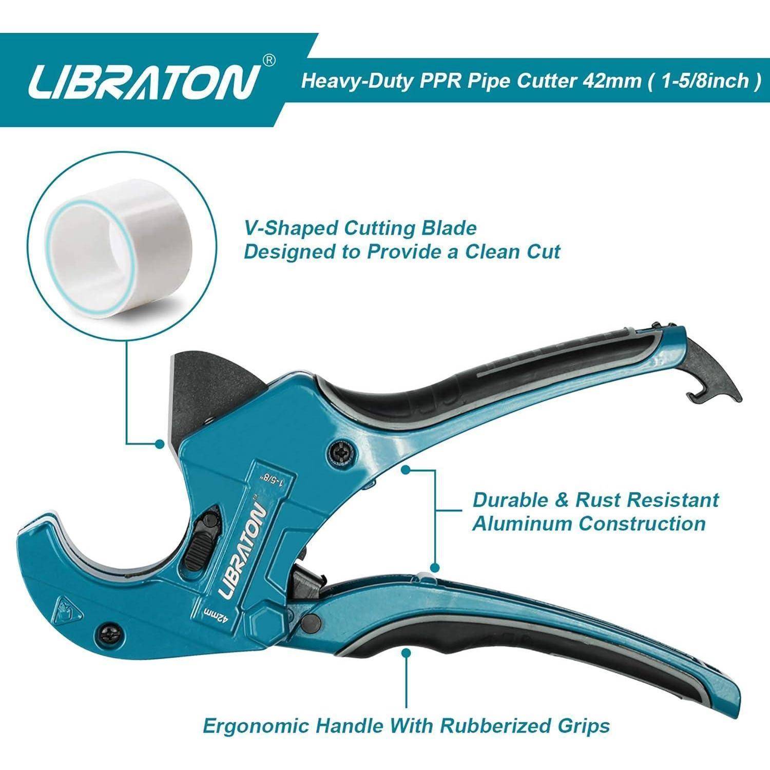 Produktbild einer LIBRATON Hochleistungs-PPR-Rohrschneidemaschine, 42 mm (1-5/8 Zoll), mit Beschriftungen für eine V-förmige Schneidklinge, Aluminiumbauweise und ergonomische gummierte Griffe.